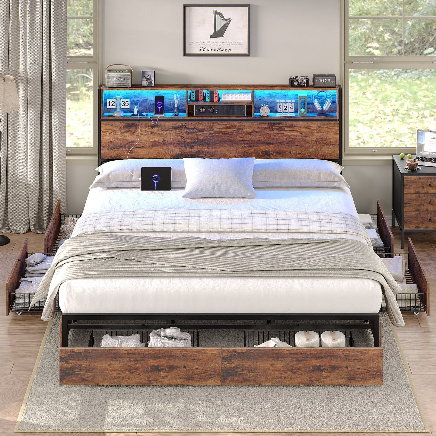 Yanosaku BF012-BR Full/Queen/King Bed Frame with LED Headboard, Charging Ports, 6 Storage Drawers, Shelf, Easy Assembly, No Box Spring Needed