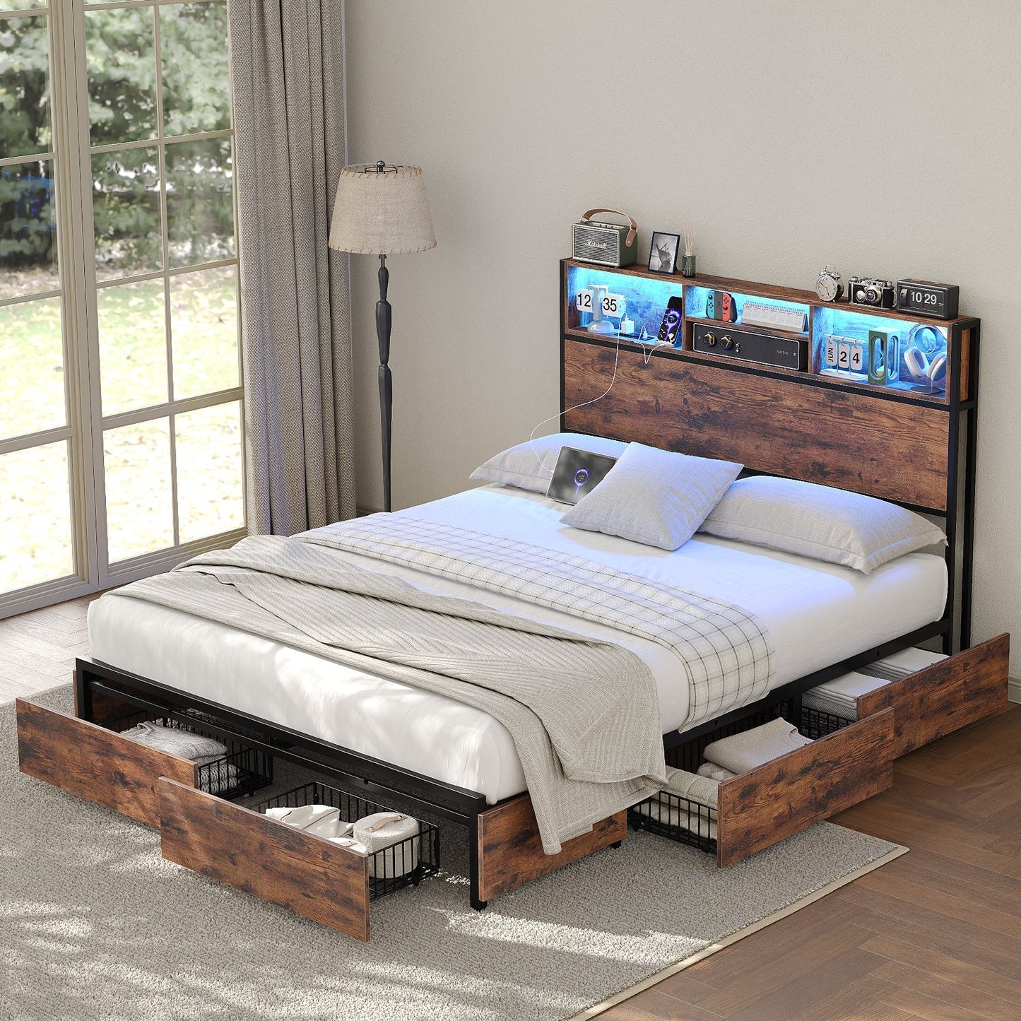 Yanosaku BF012-BR Full/Queen/King Bed Frame with LED Headboard, Charging Ports, 6 Storage Drawers, Shelf, Easy Assembly, No Box Spring Needed