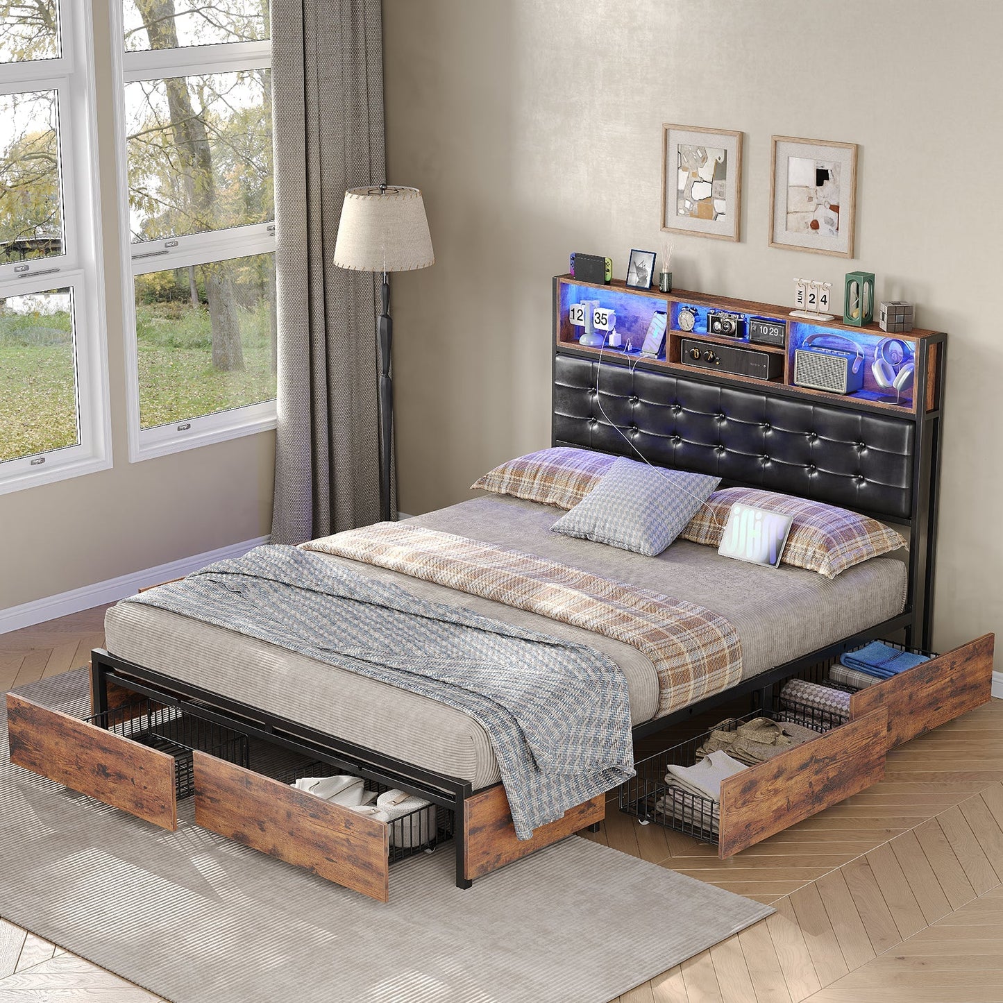 Yanosaku BF013-BR Full/Queen/King Bed Frame with RGB LED Headboard, Charging, 6 Drawers, Upholstered, Heavy-Duty, Easy Assembly, No Box Spring