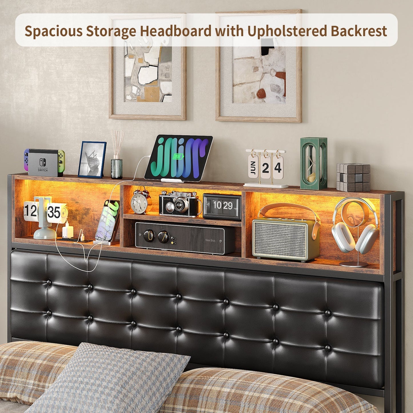Yanosaku BF013-BR Full/Queen/King Bed Frame with RGB LED Headboard, Charging, 6 Drawers, Upholstered, Heavy-Duty, Easy Assembly, No Box Spring