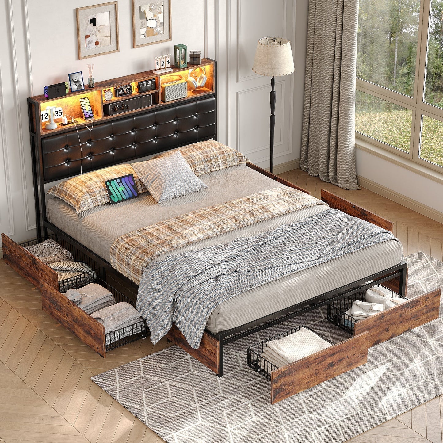 Yanosaku BF013-BR Full/Queen/King Bed Frame with RGB LED Headboard, Charging, 6 Drawers, Upholstered, Heavy-Duty, Easy Assembly, No Box Spring