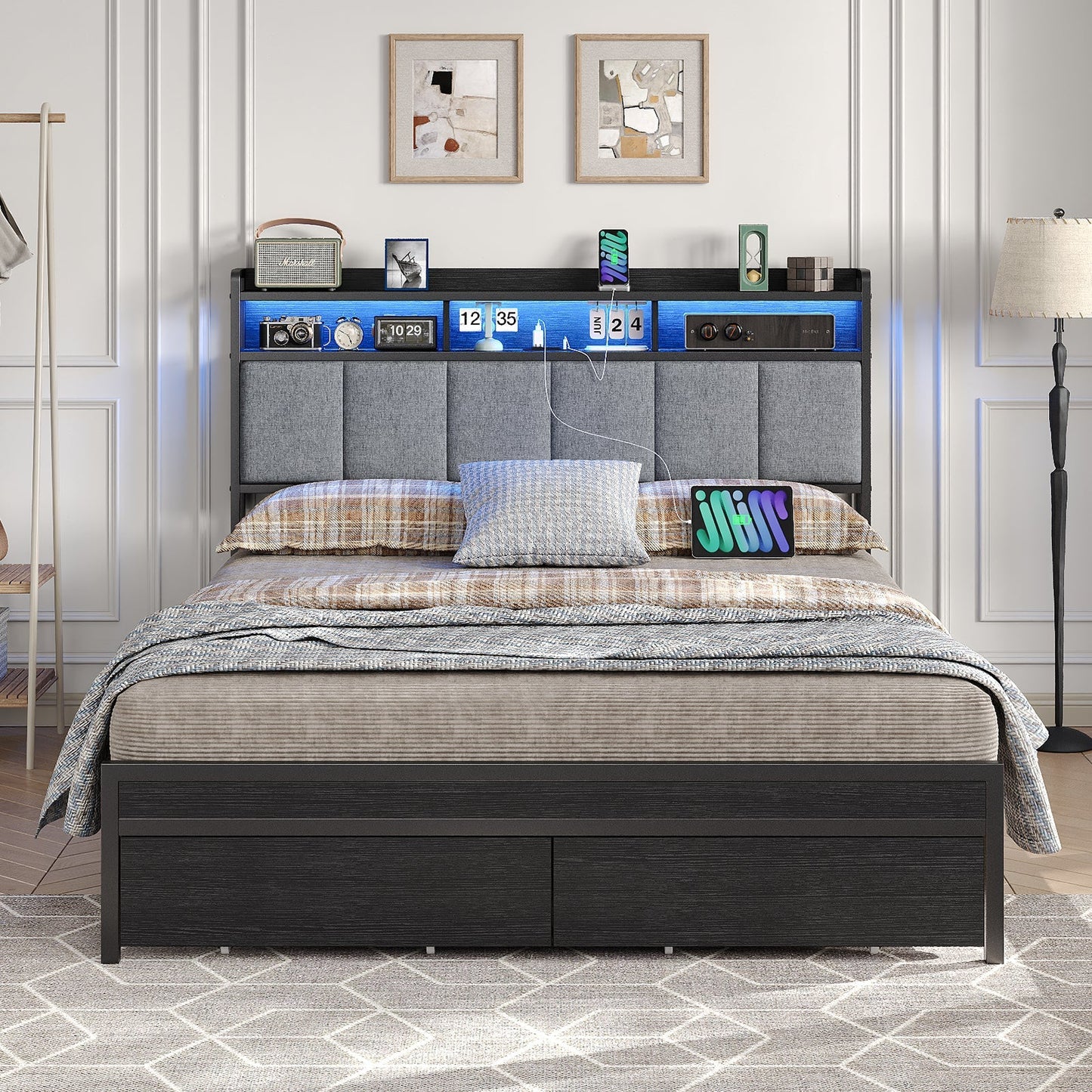 Yanosaku BF016-BL Full/Queen Bed Frame with RGB LED Headboard, Charging Station, 2 Drawers, 2 USB & 2 AC Outlets, Easy Assembly, No Box Spring, Black