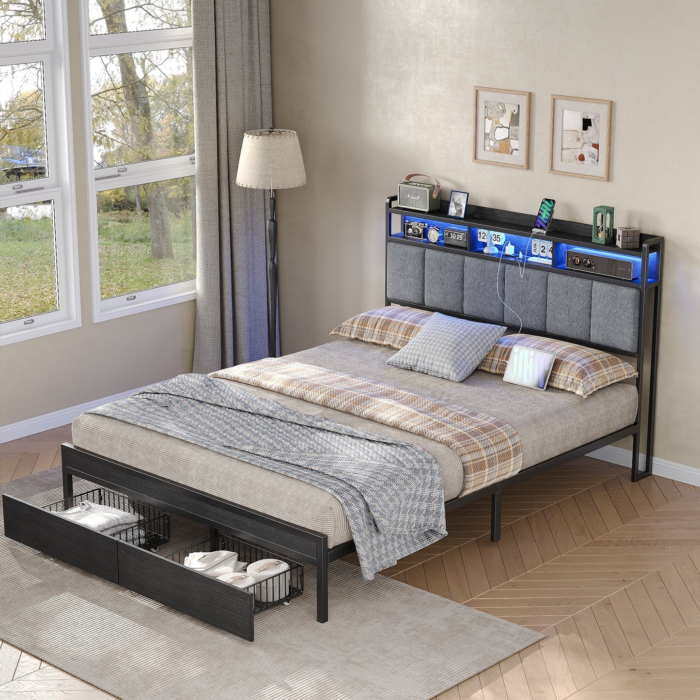 Yanosaku BF016-BL Full/Queen Bed Frame with RGB LED Headboard, Charging Station, 2 Drawers, 2 USB & 2 AC Outlets, Easy Assembly, No Box Spring, Black
