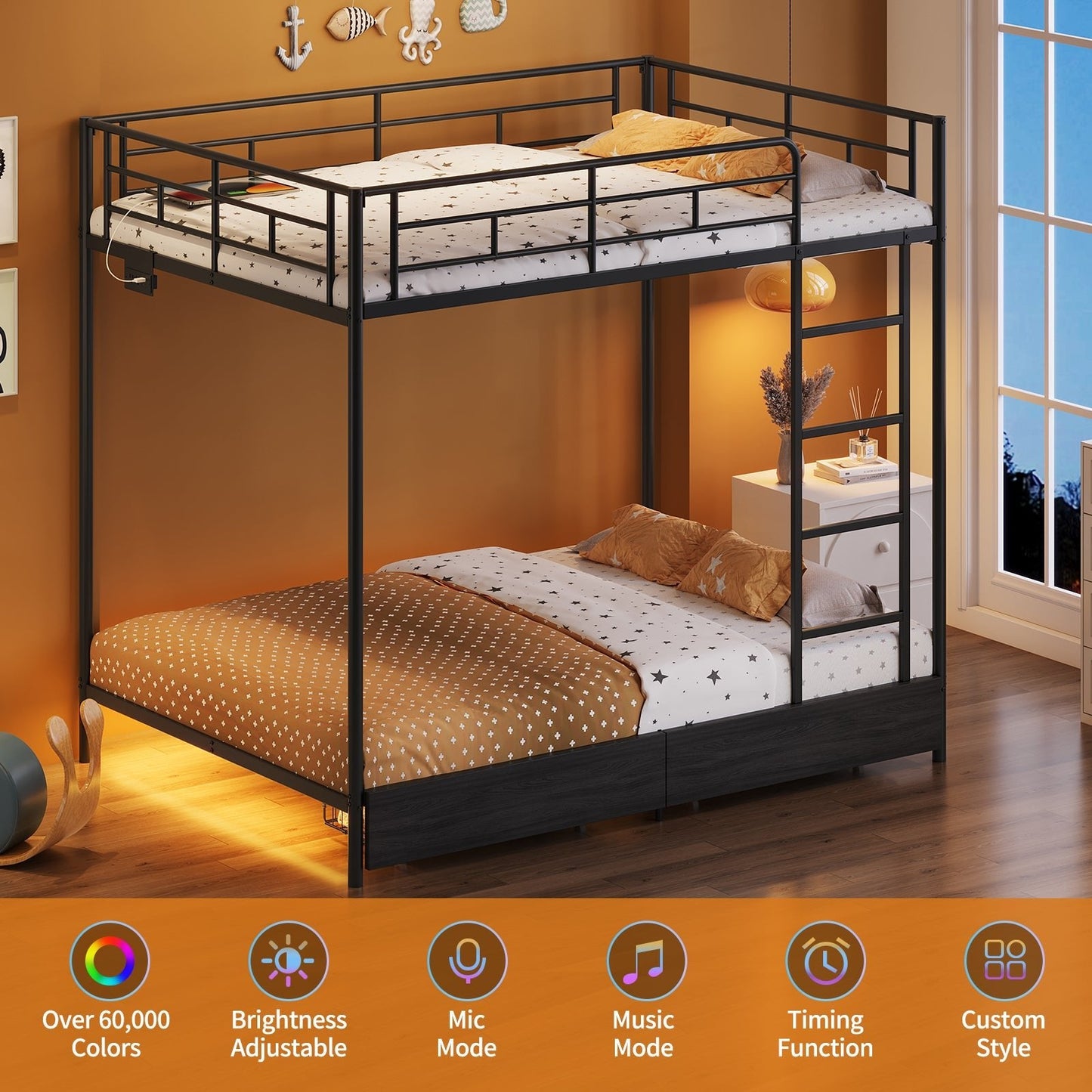 Yanosaku BF018-BL Twin/Full Metal Bunk Bed with LED, Charging Station, 2 Drawers, Guard Rails & Ladder, No Box Spring, Black
