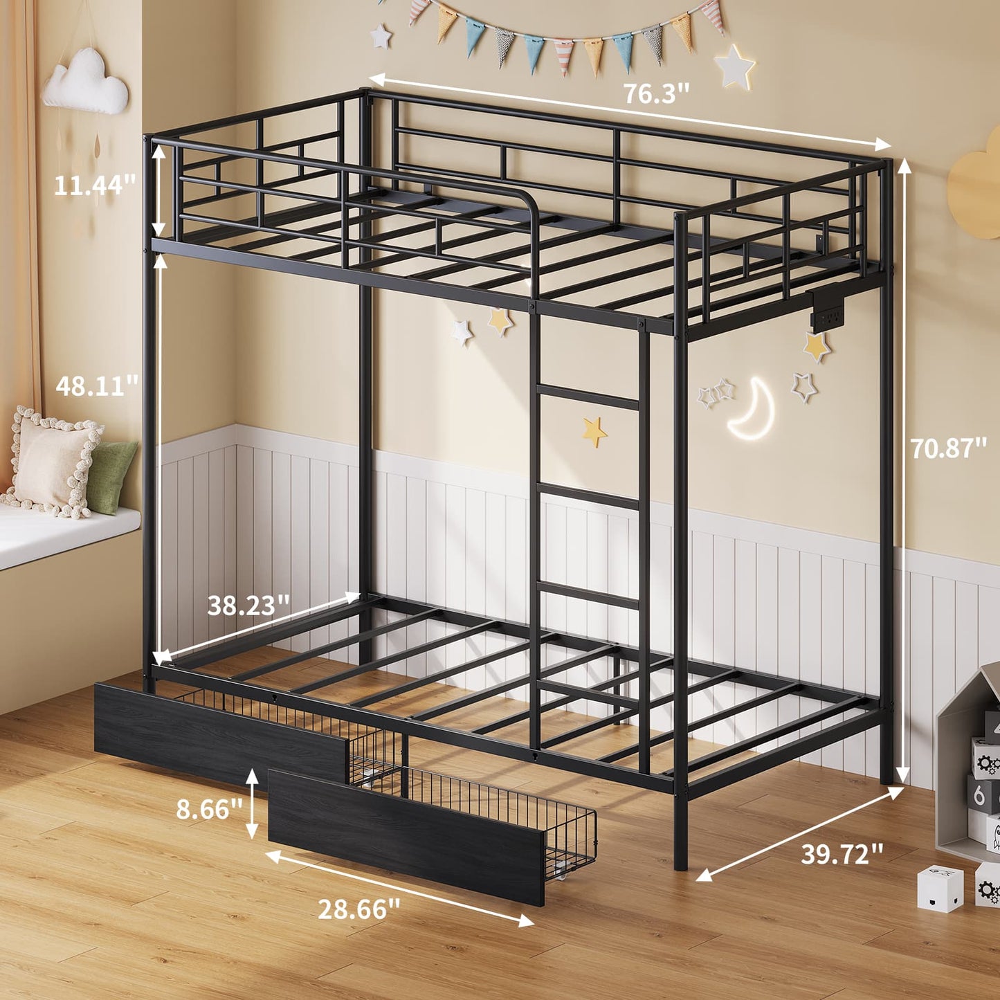 Yanosaku BF018-BL Twin/Full Metal Bunk Bed with LED, Charging Station, 2 Drawers, Guard Rails & Ladder, No Box Spring, Black