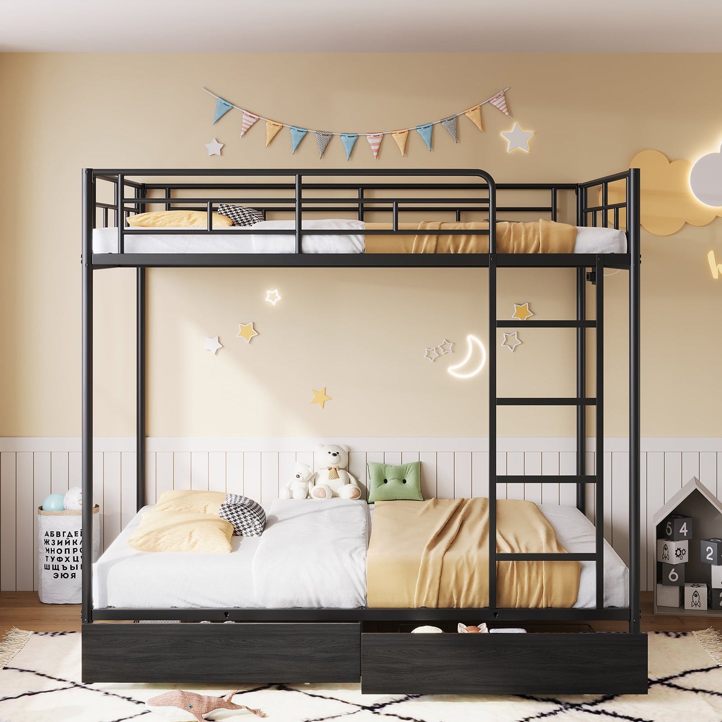 Yanosaku BF018-BL Twin/Full Metal Bunk Bed with LED, Charging Station, 2 Drawers, Guard Rails & Ladder, No Box Spring, Black