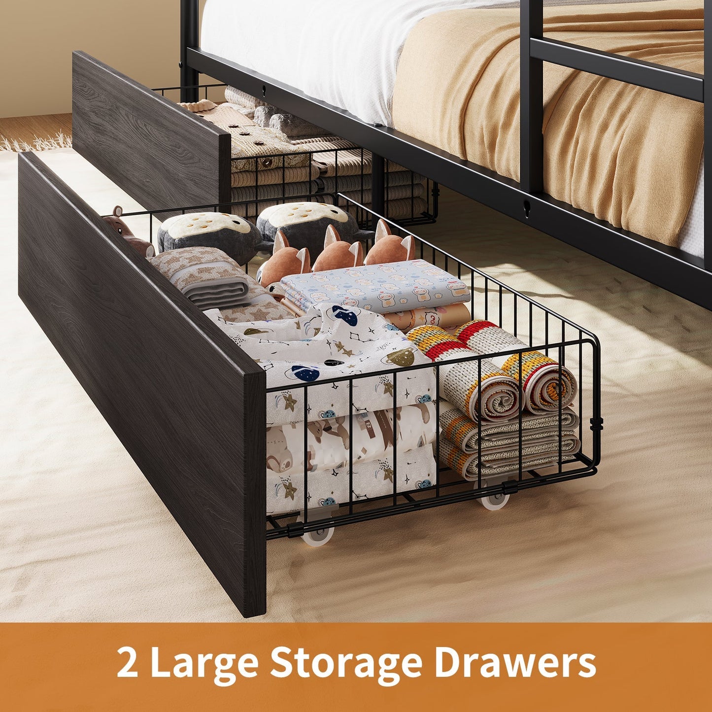 Yanosaku BF018-BL Twin/Full Metal Bunk Bed with LED, Charging Station, 2 Drawers, Guard Rails & Ladder, No Box Spring, Black