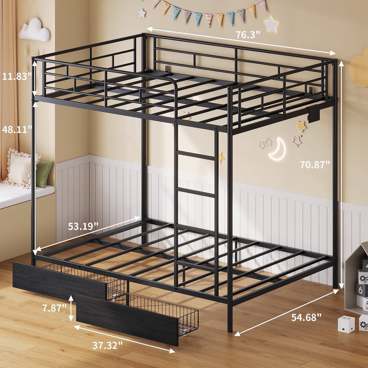 Yanosaku BF018-BL Twin/Full Metal Bunk Bed with LED, Charging Station, 2 Drawers, Guard Rails & Ladder, No Box Spring, Black