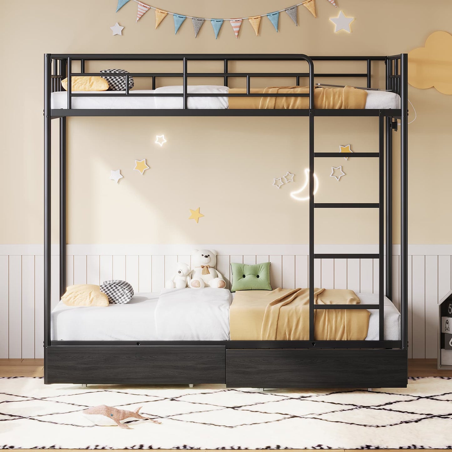 Yanosaku BF018-BL Twin/Full Metal Bunk Bed with LED, Charging Station, 2 Drawers, Guard Rails & Ladder, No Box Spring, Black