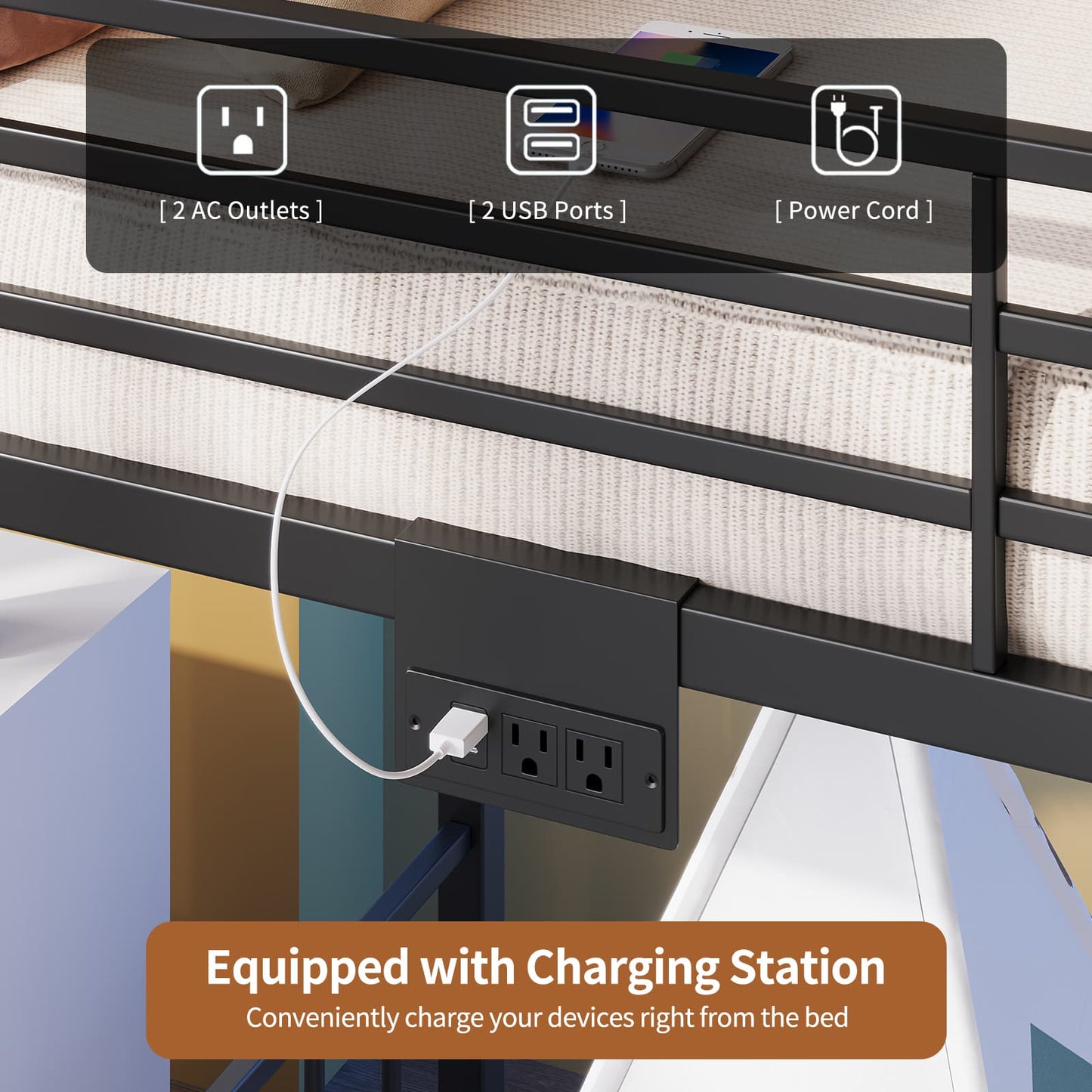 Yanosaku BF019-BK-T Twin Bunk Bed Frame with Charging Station & RGB LED, Easy Assembly, Storage Space, House Metal Frame with Ladder