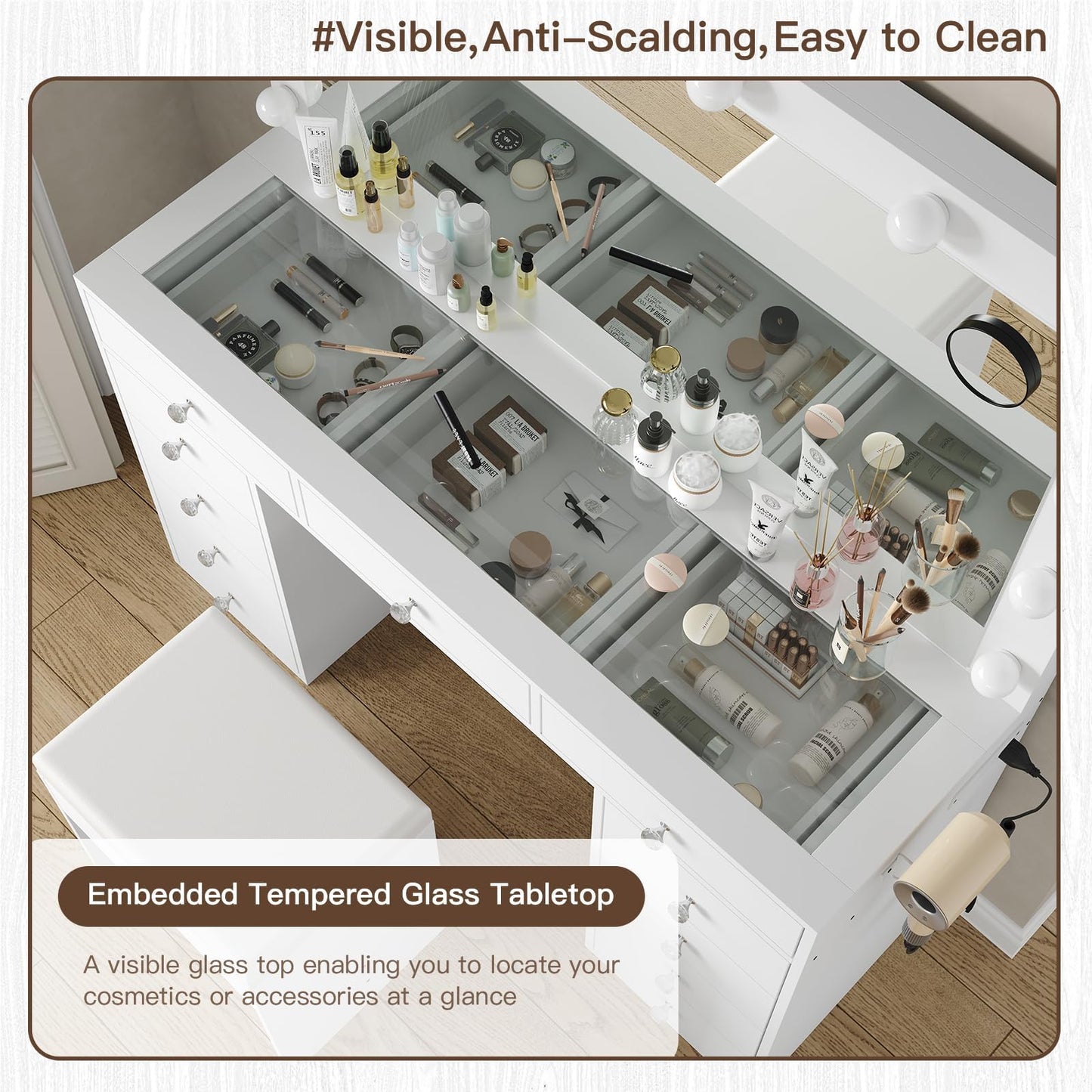 Yanosaku VD003 Bedroom Makeup Vanity desk with LED Mirror, 11 Drawers