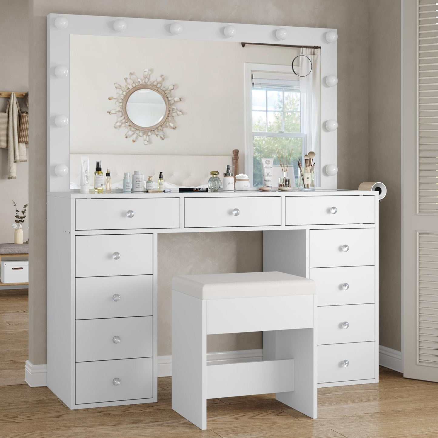 Yanosaku VD003 Bedroom Makeup Vanity desk with LED Mirror, 11 Drawers