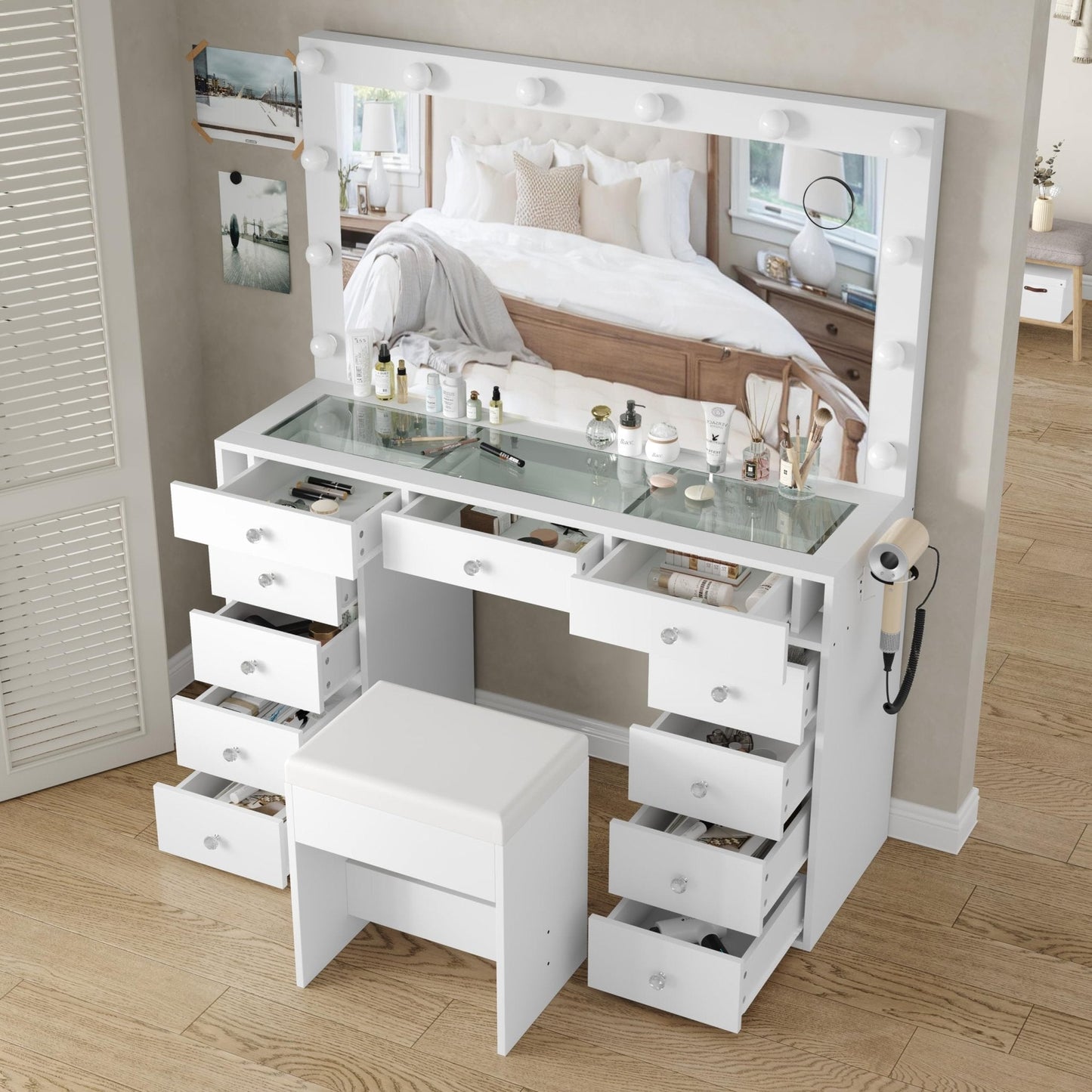 Yanosaku VD003 Bedroom Makeup Vanity desk with LED Mirror, 11 Drawers