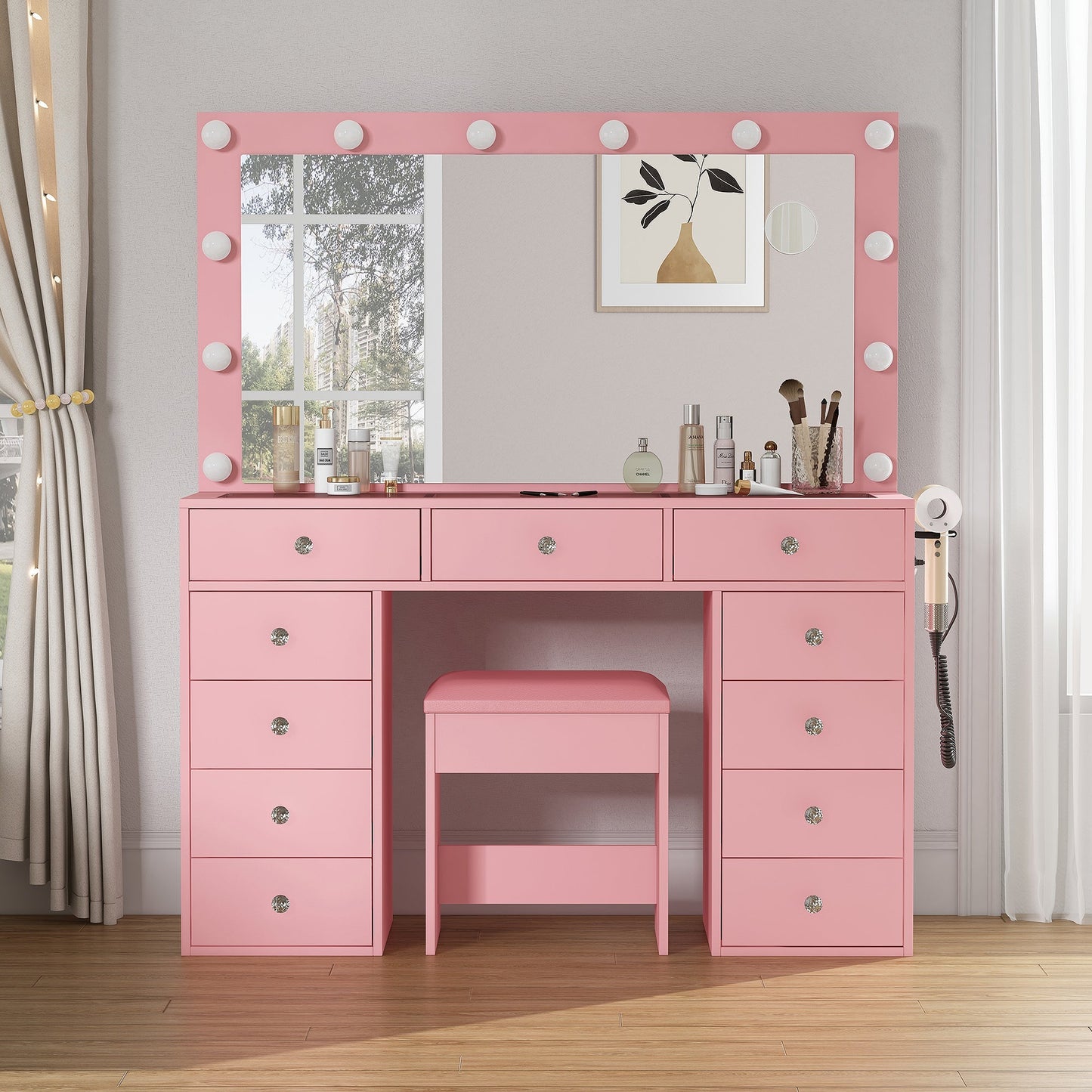 Yanosaku VD003 Bedroom Makeup Vanity desk with LED Mirror, 11 Drawers