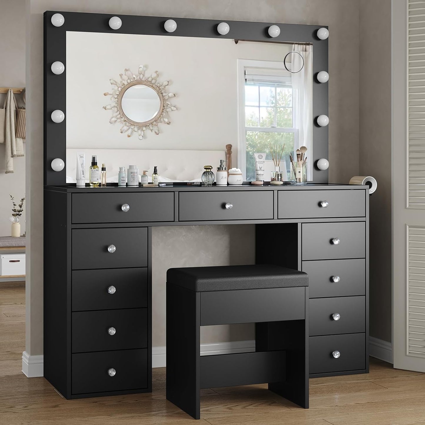 Yanosaku VD003 Bedroom Makeup Vanity desk with LED Mirror, 11 Drawers