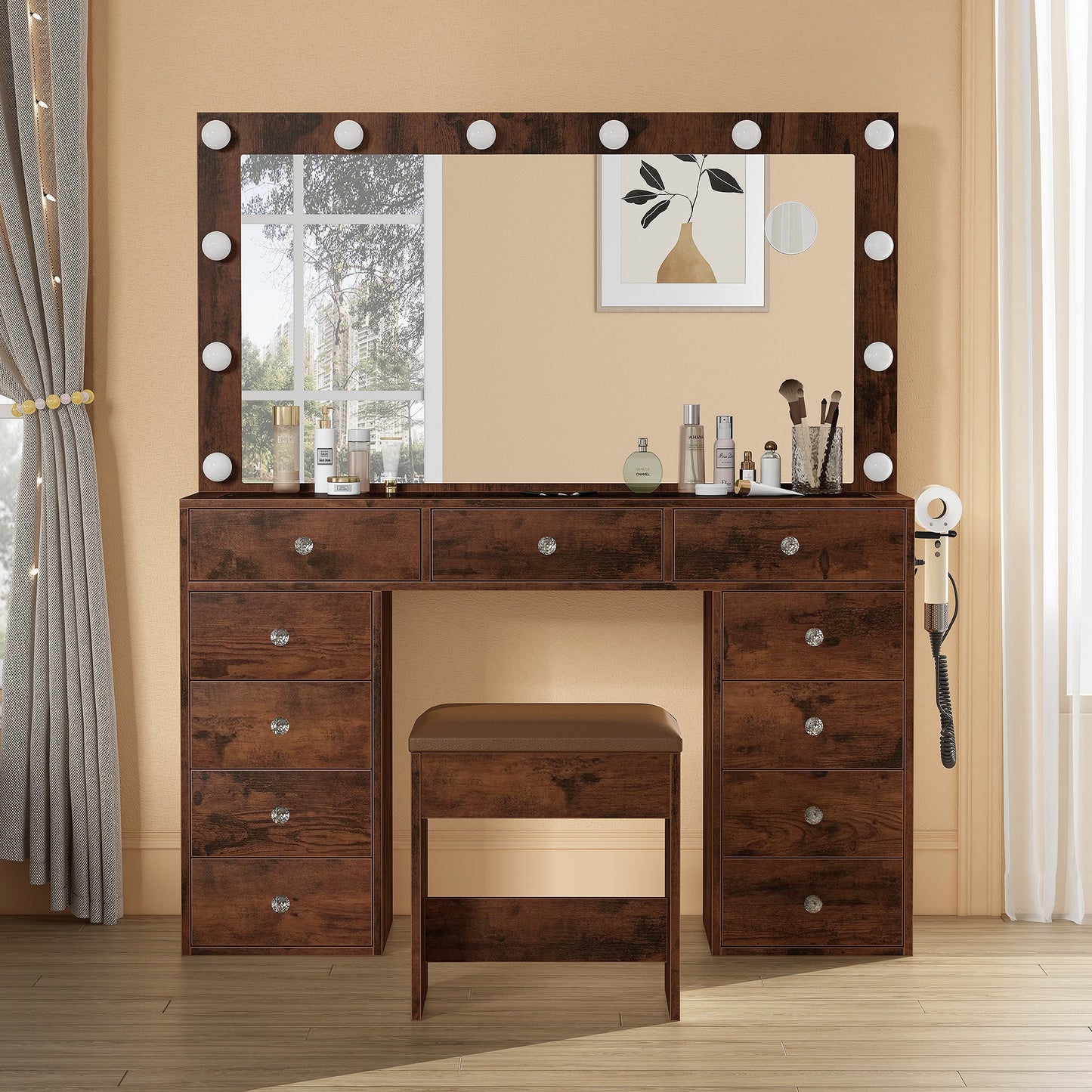 Yanosaku VD003 Bedroom Makeup Vanity desk with LED Mirror, 11 Drawers