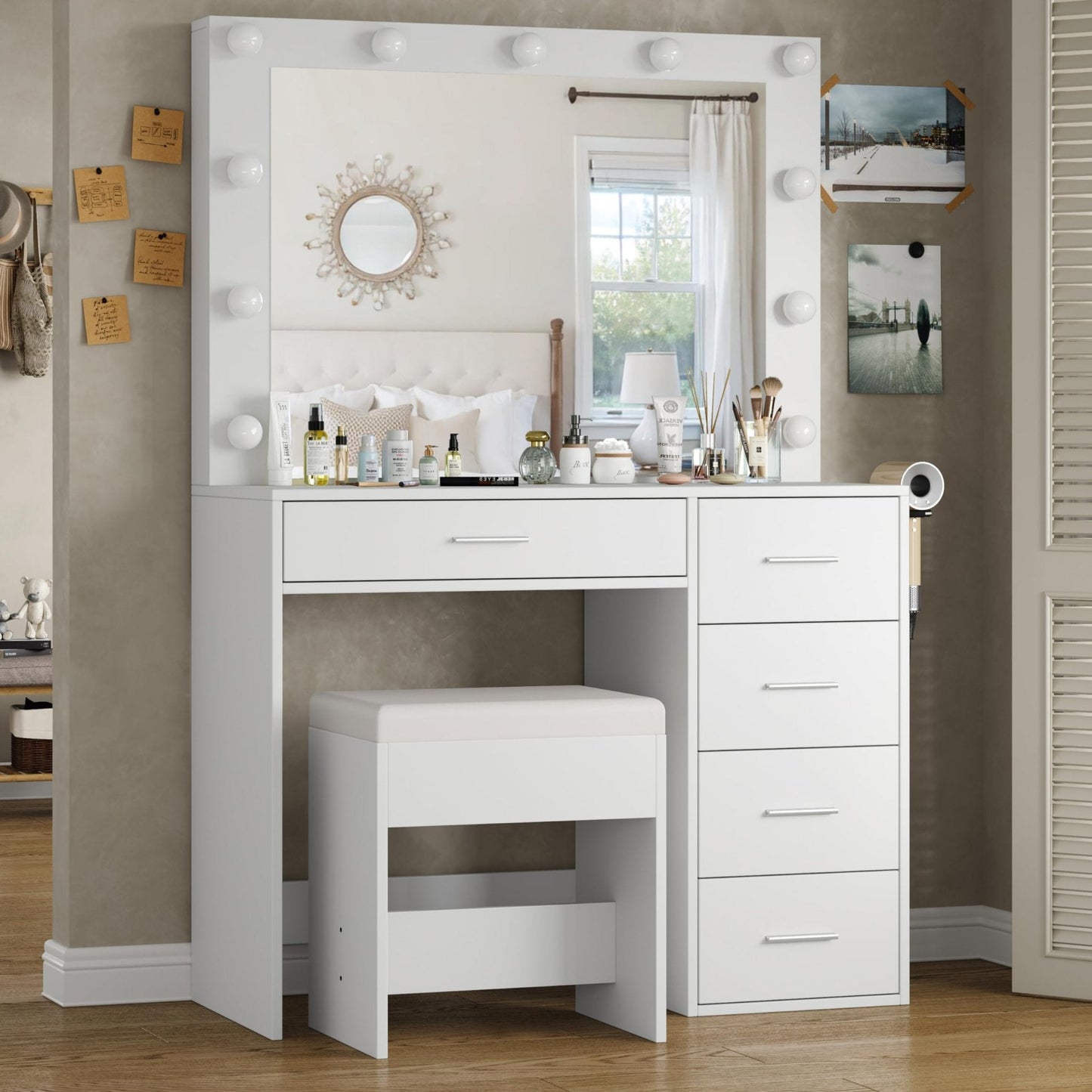 Yanosaku VD001 Bedroom Makeup Vanity desk with LED Mirror, 5 Drawers