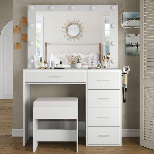 Yanosaku VD001 Bedroom Makeup Vanity desk with LED Mirror, 5 Drawers