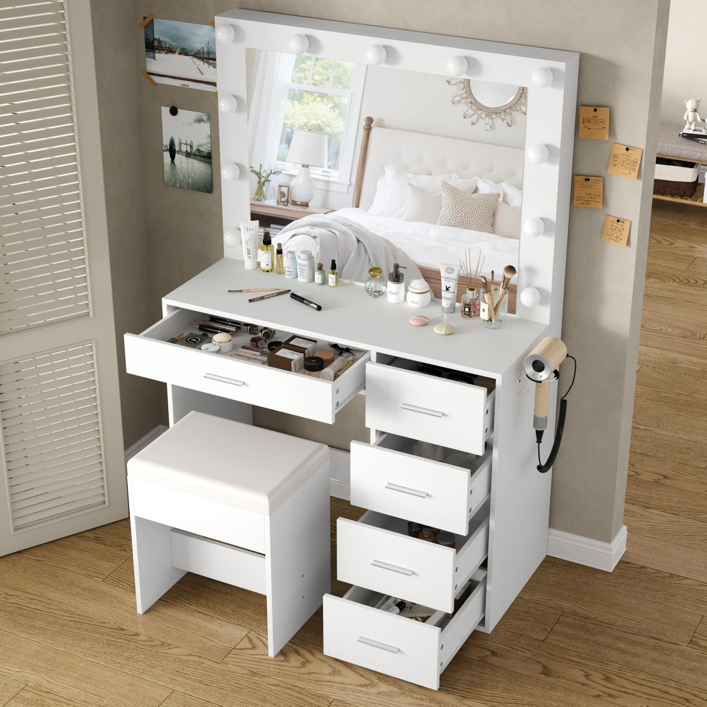 Yanosaku VD001 Bedroom Makeup Vanity desk with LED Mirror, 5 Drawers
