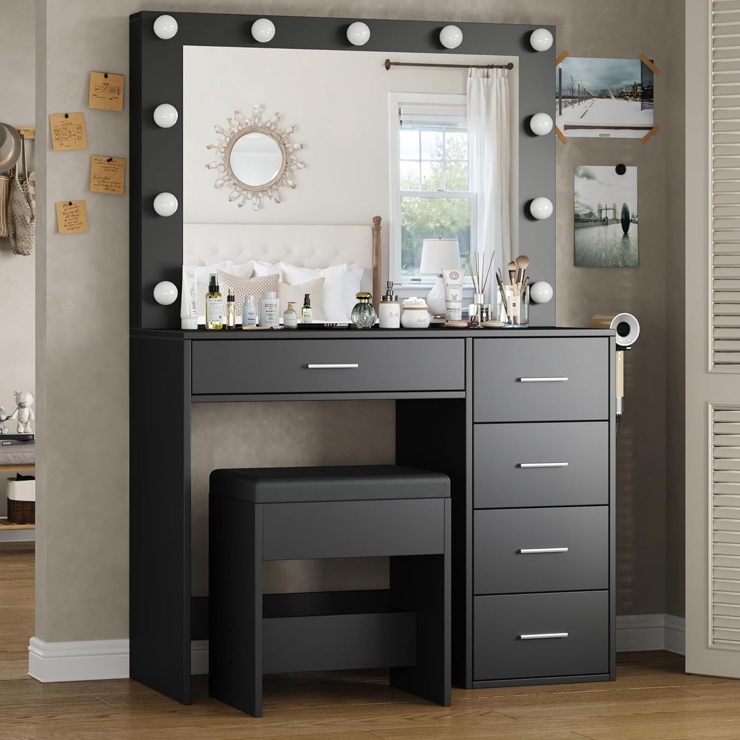 Yanosaku VD001 Bedroom Makeup Vanity desk with LED Mirror, 5 Drawers