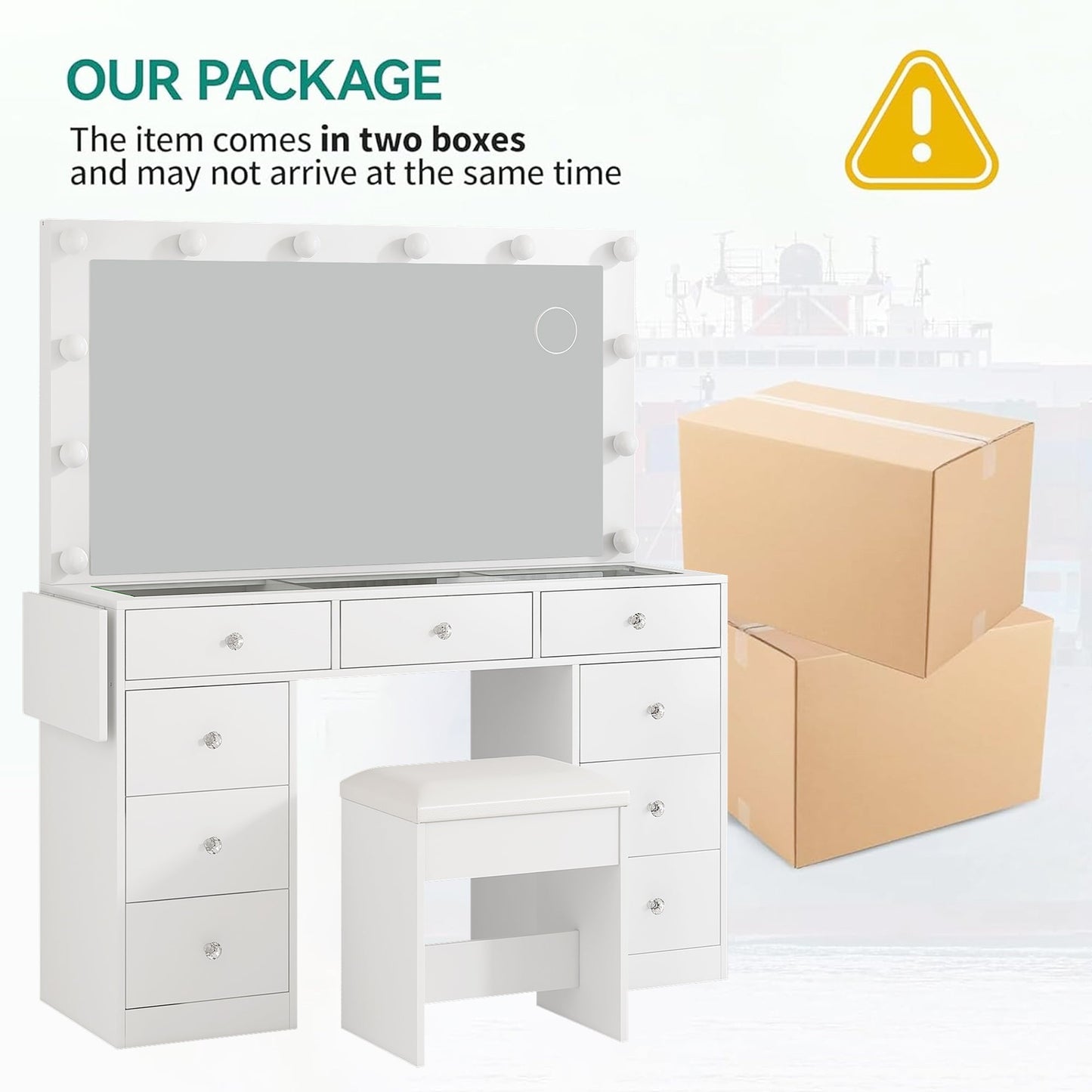 Yanosaku VD007 Bedroom Makeup Vanity desk with LED Mirror, 9 Drawers