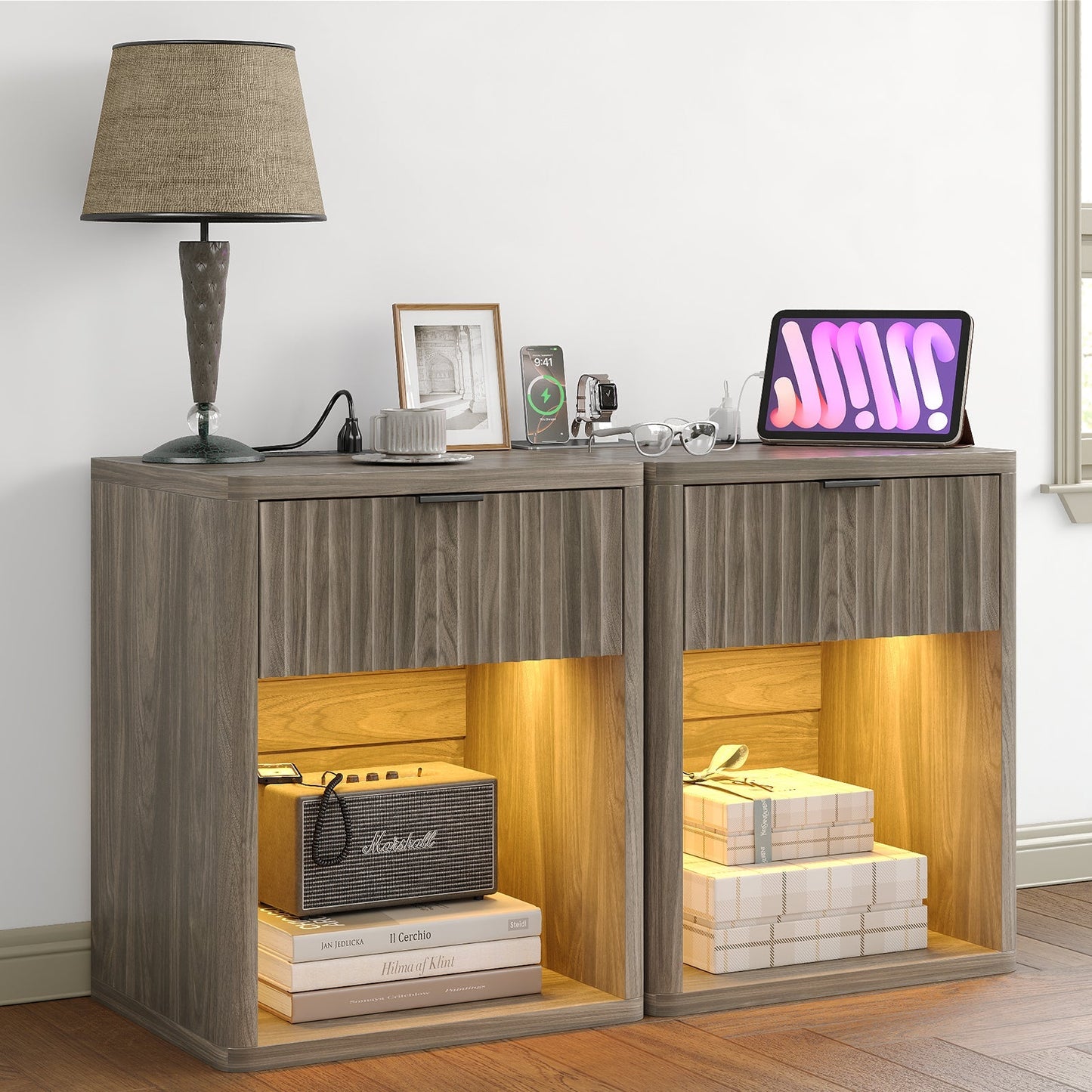 Yanosaku NS001-NR Fluted Nightstands with LED & Charging Station, Drawer Side Tables, Oak