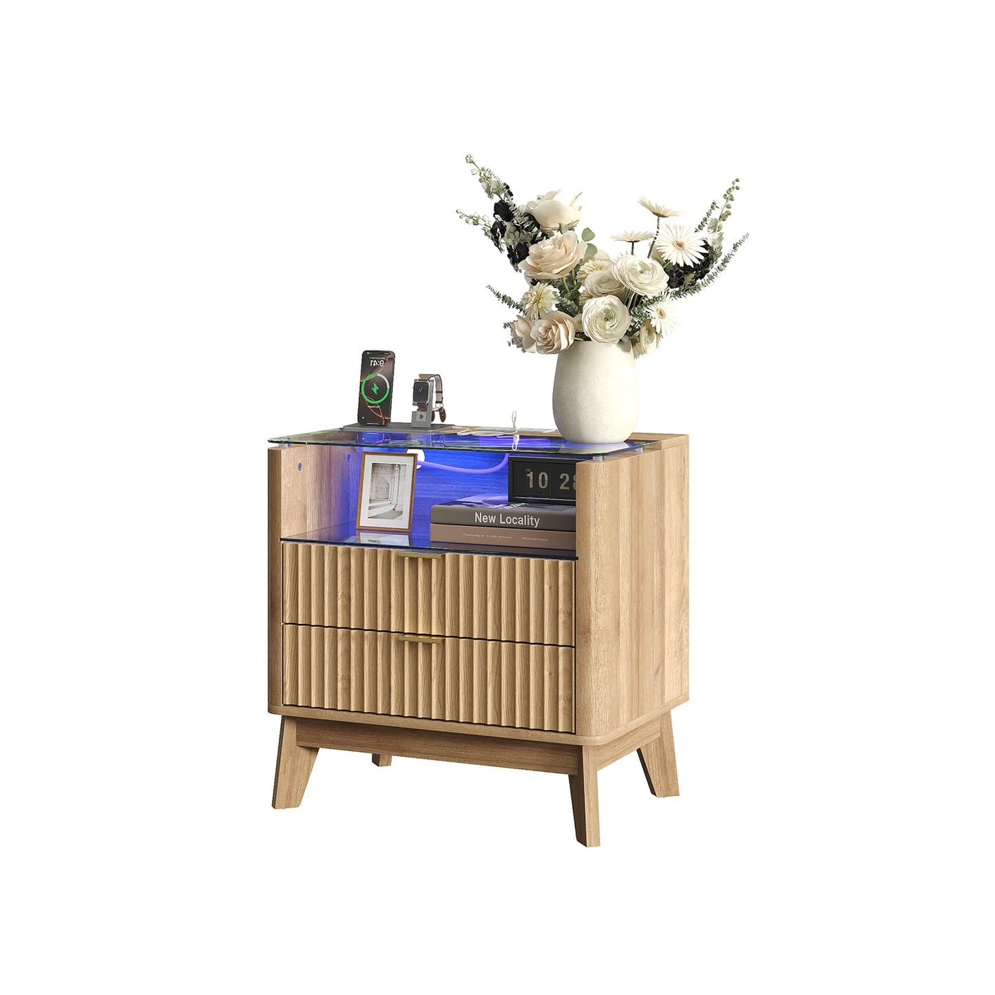 Yanosaku NS003-NR 23" Nightstand with Charging Station, Fluted LED End Table with Drawers, Oak