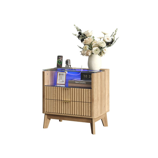 Yanosaku NS003-NR 23" Nightstand with Charging Station, Fluted LED End Table with Drawers, Oak