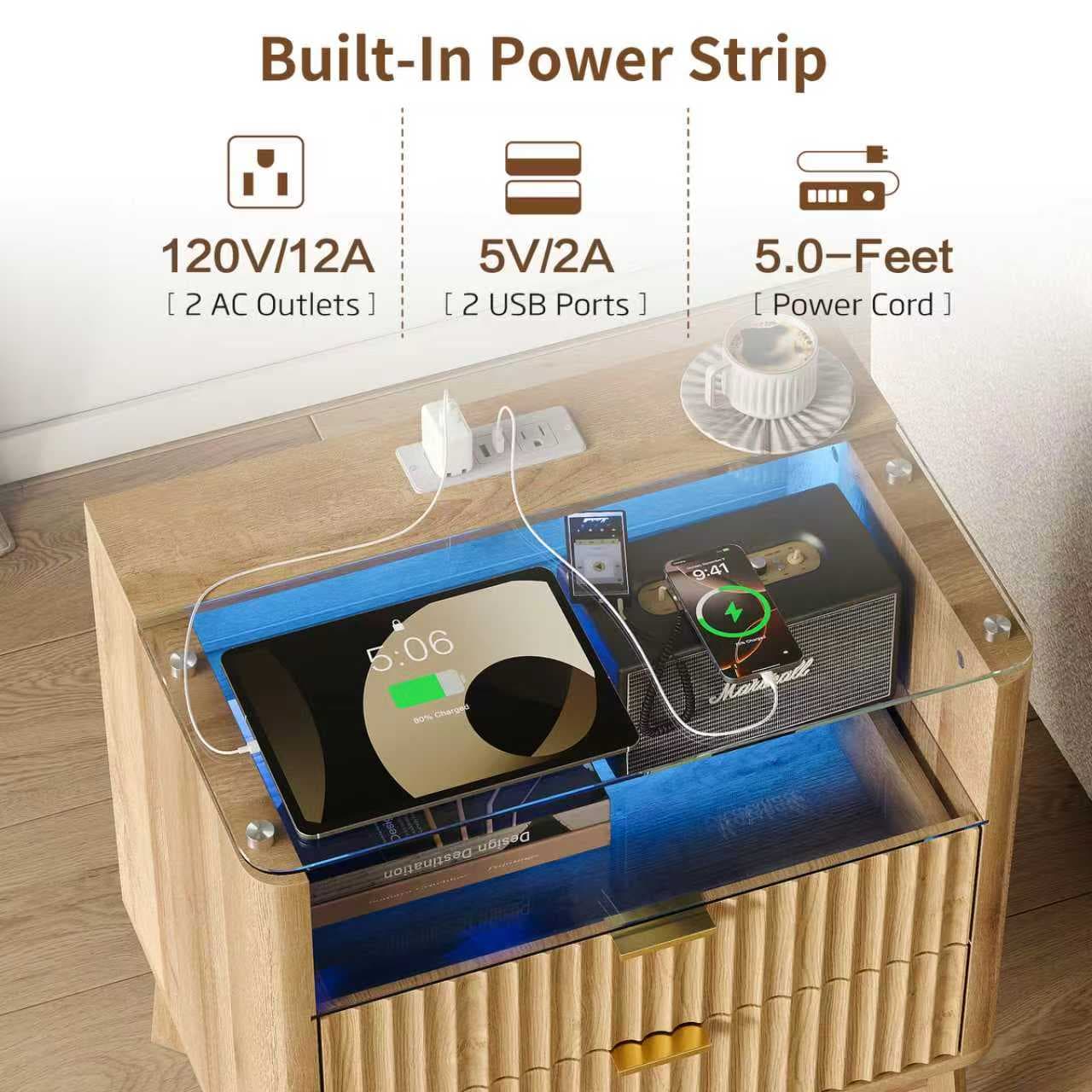 Yanosaku NS003-NR 23" Nightstand with Charging Station, Fluted LED End Table with Drawers, Oak
