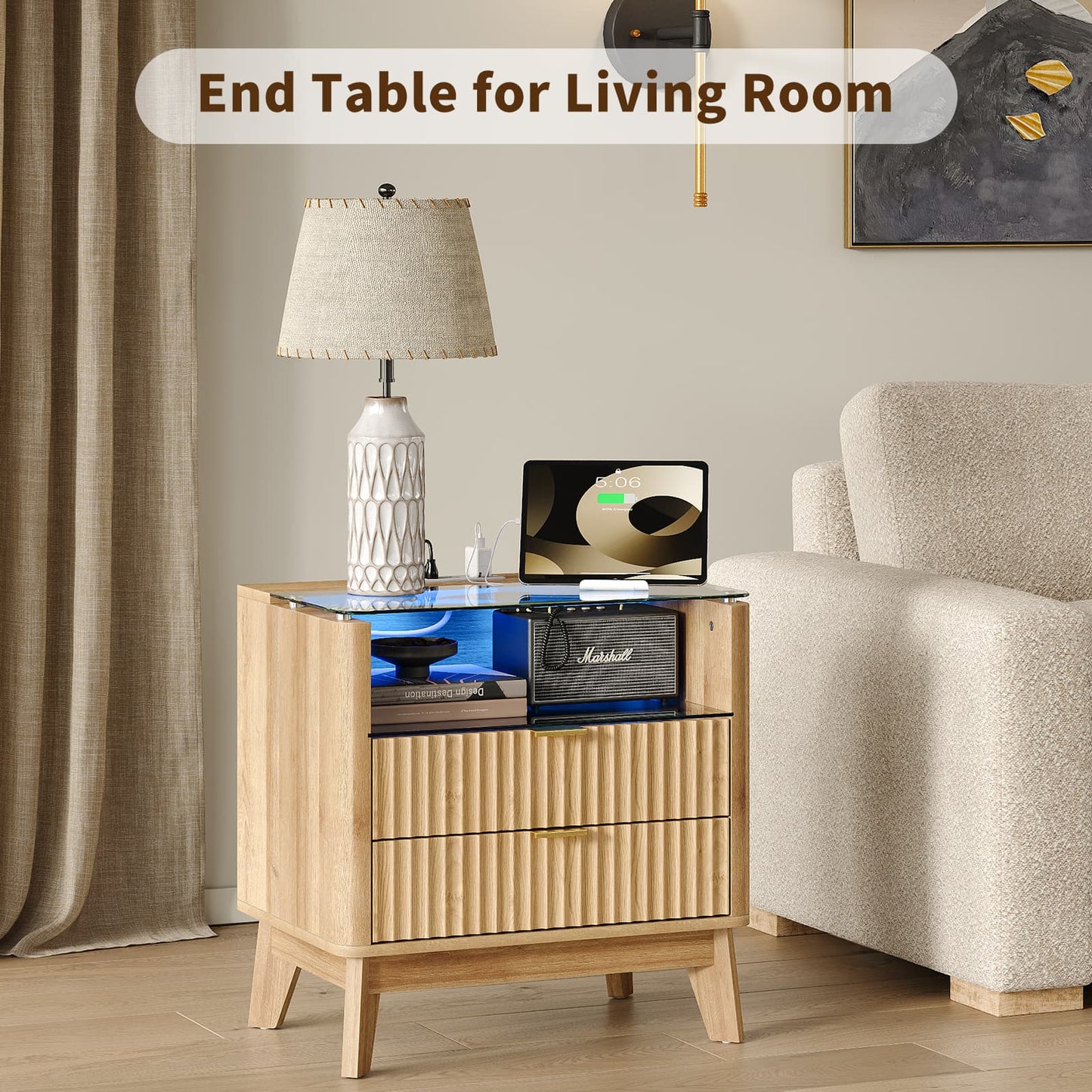 Yanosaku NS003-NR 23" Nightstand with Charging Station, Fluted LED End Table with Drawers, Oak
