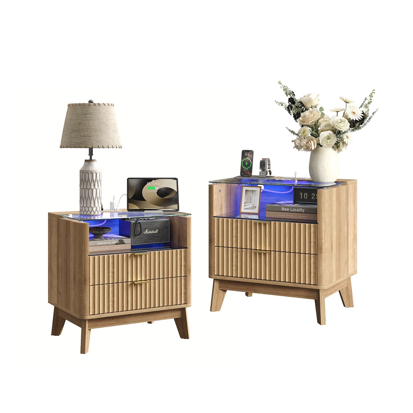 Yanosaku NS003-NR 23" Nightstand with Charging Station, Fluted LED End Table with Drawers, Oak