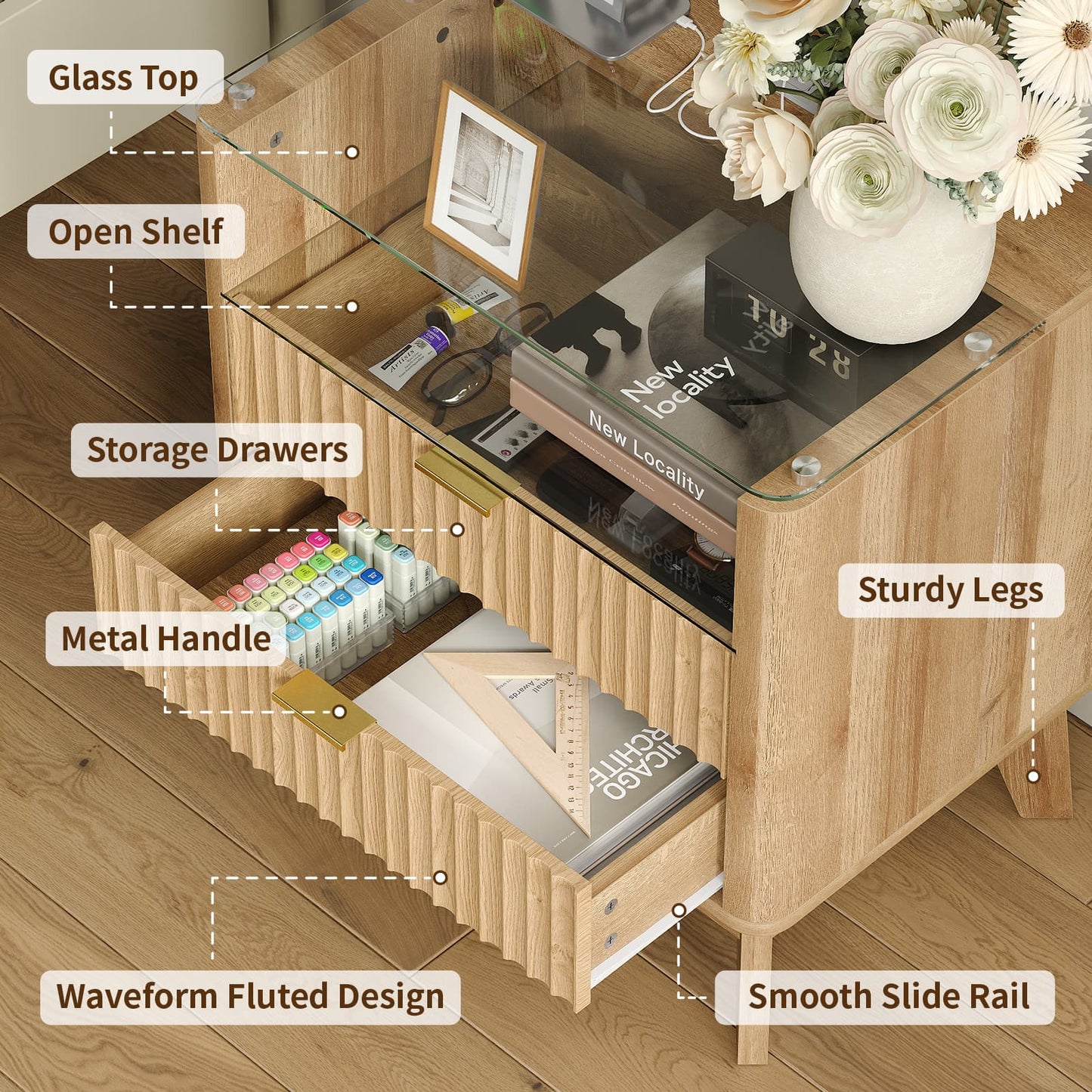 Yanosaku NS003-NR 23" Nightstand with Charging Station, Fluted LED End Table with Drawers, Oak