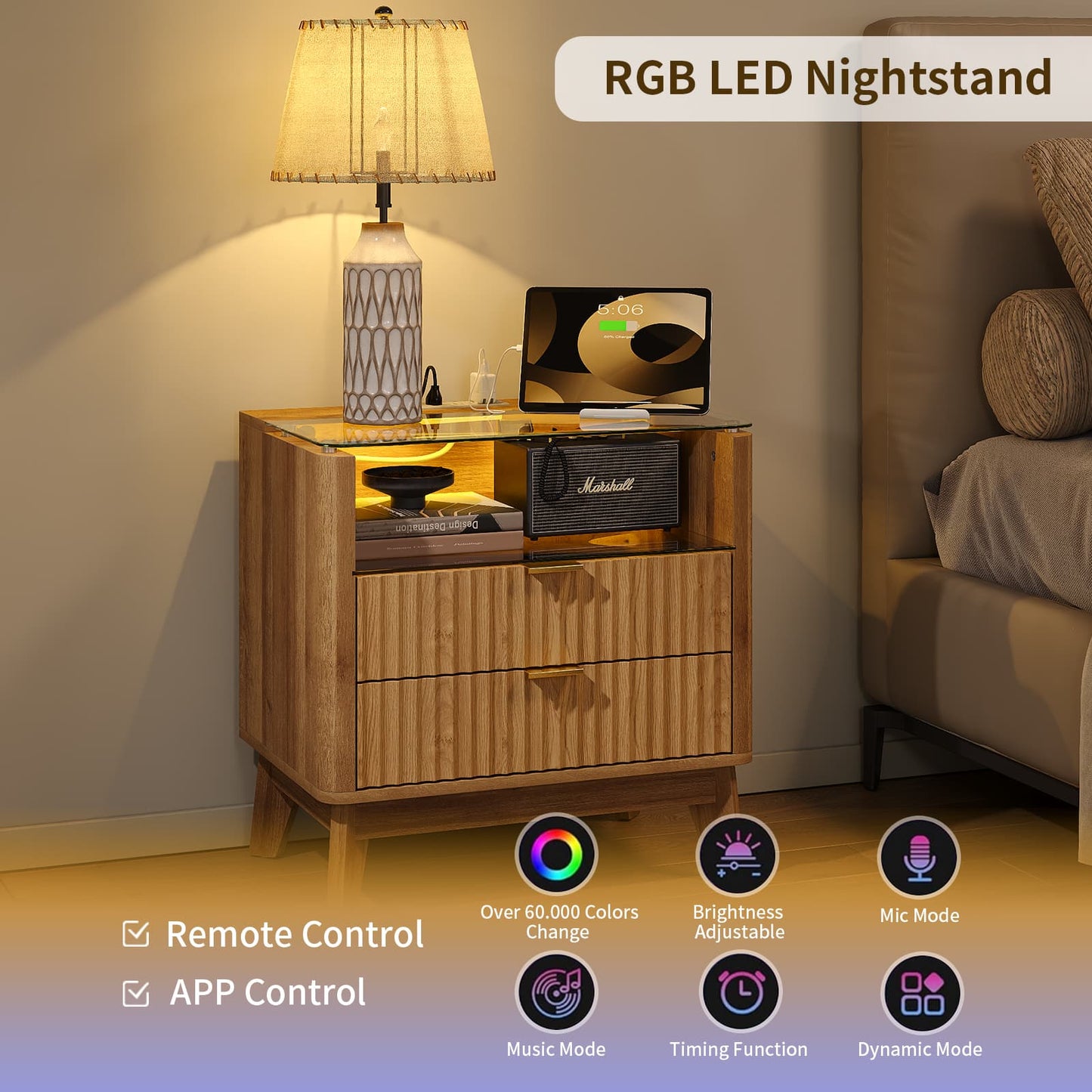 Yanosaku NS003-NR 23" Nightstand with Charging Station, Fluted LED End Table with Drawers, Oak