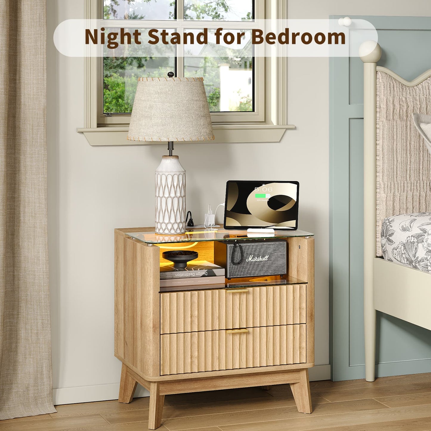 Yanosaku NS003-NR 23" Nightstand with Charging Station, Fluted LED End Table with Drawers, Oak
