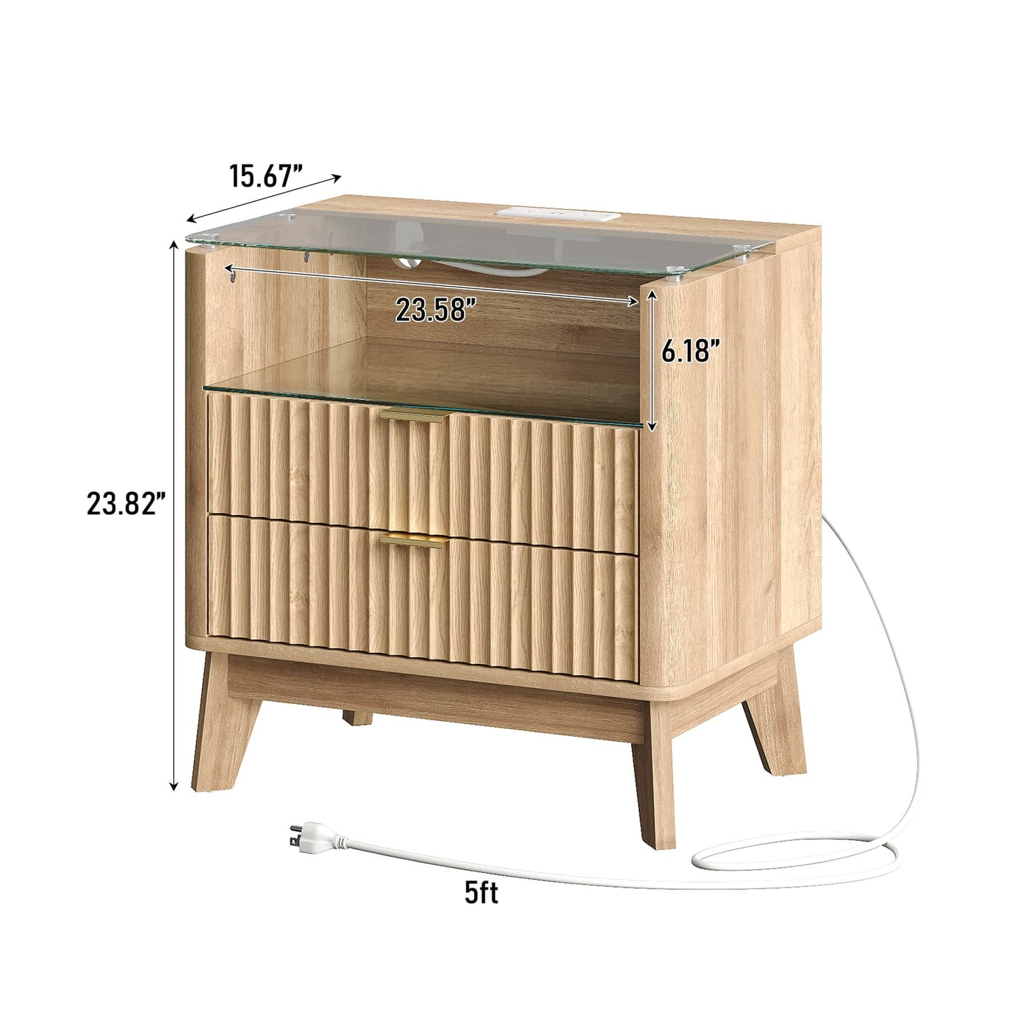 Yanosaku NS003-NR 23" Nightstand with Charging Station, Fluted LED End Table with Drawers, Oak
