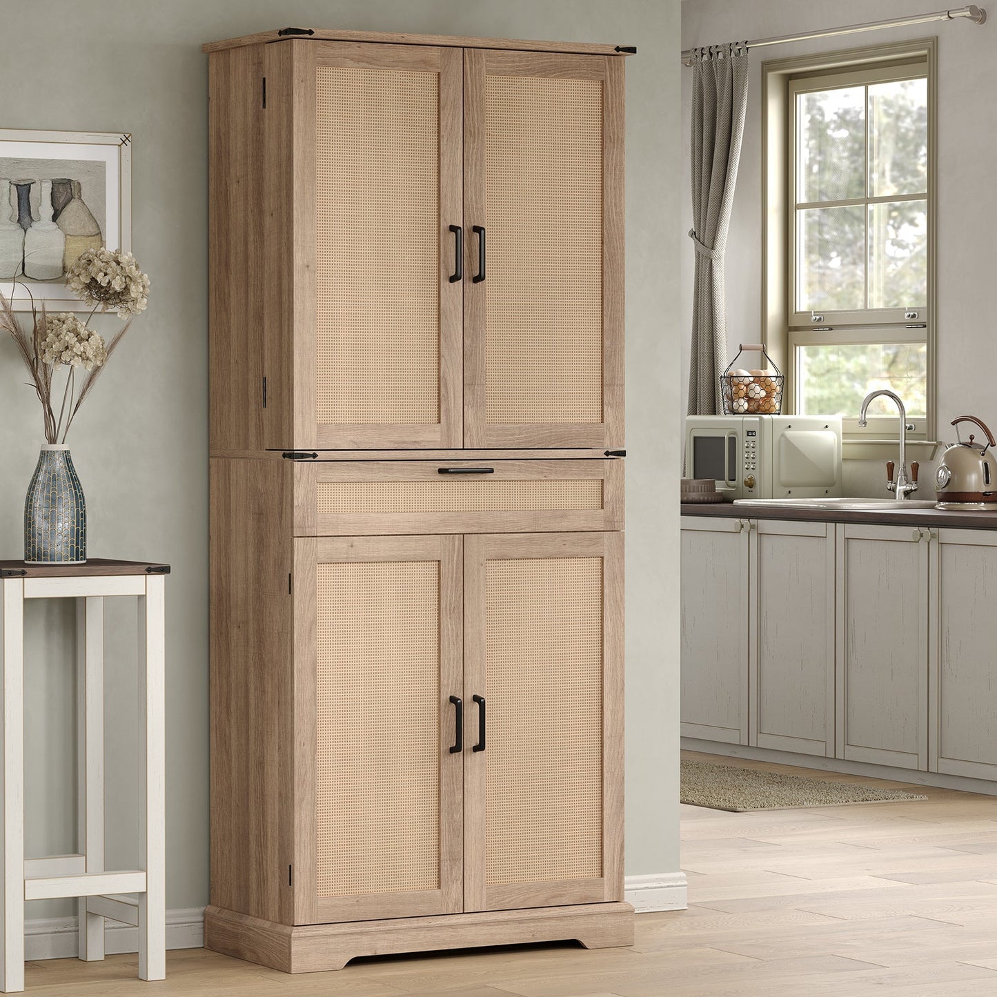 Yanosaku SC001 72'' Tall Kitchen Storage Pantry Cabinet in a modern kitchen setting with beige color.