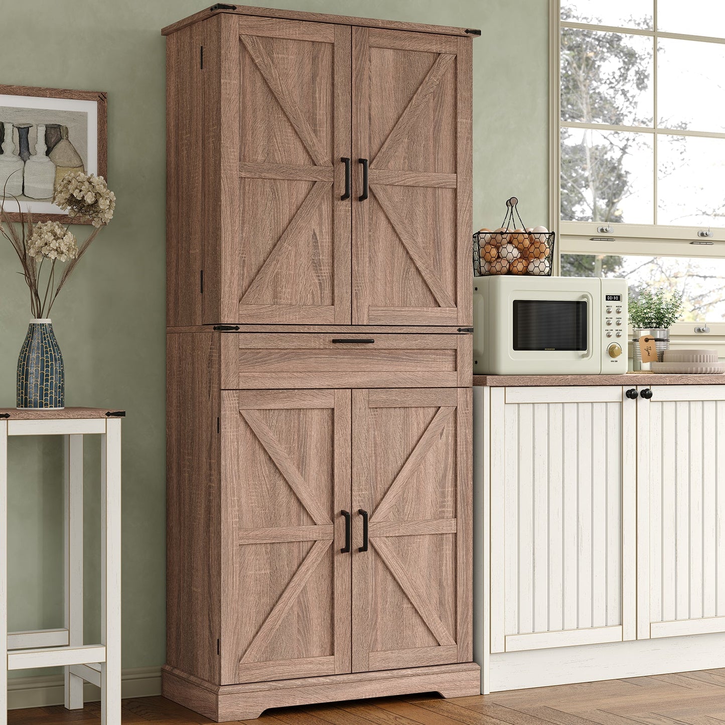 Yanosaku SC001 72'' Tall Kitchen Storage Pantry Cabinet in a kitchen setting with natural light.