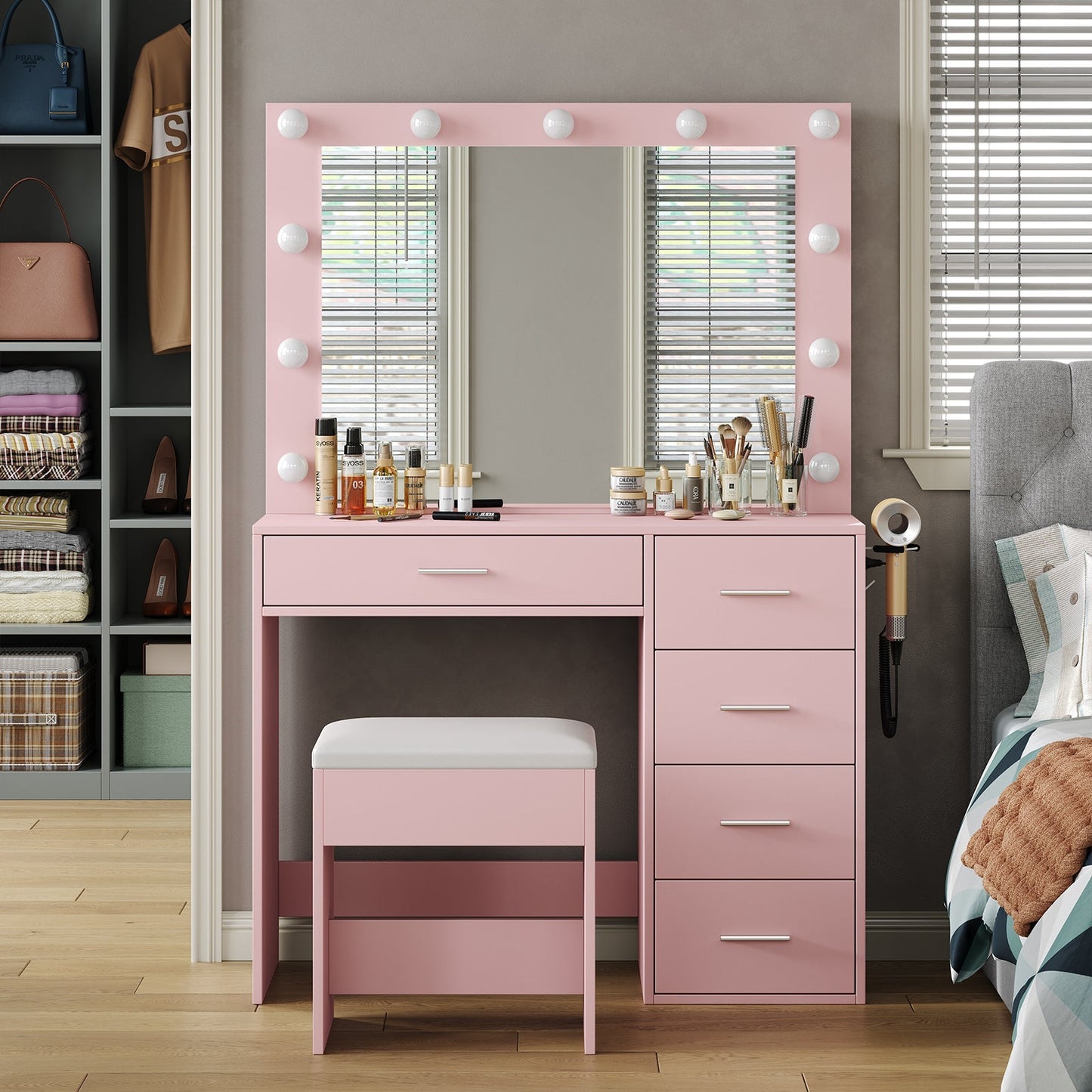 Yanosaku VD001 Bedroom Makeup Vanity desk with LED Mirror, 5 Drawers