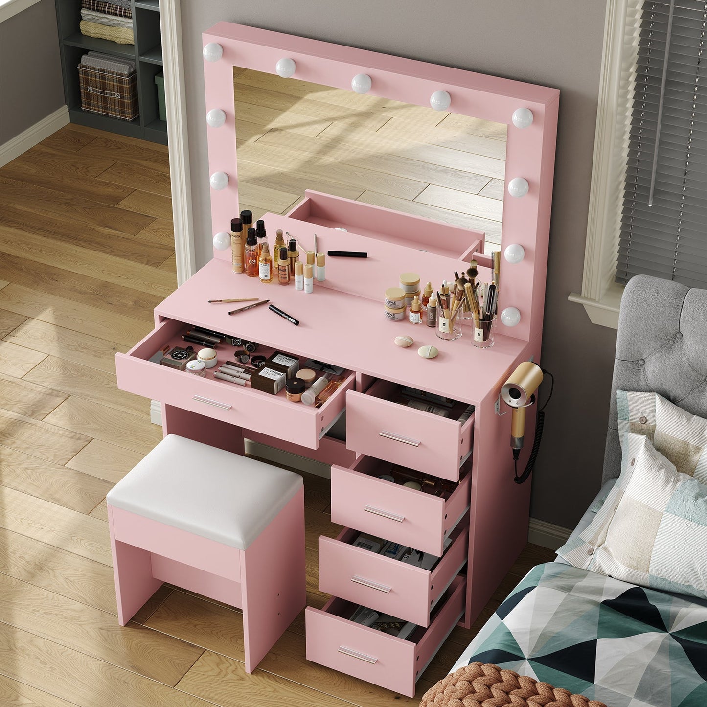 Yanosaku VD001 Bedroom Makeup Vanity desk with LED Mirror, 5 Drawers