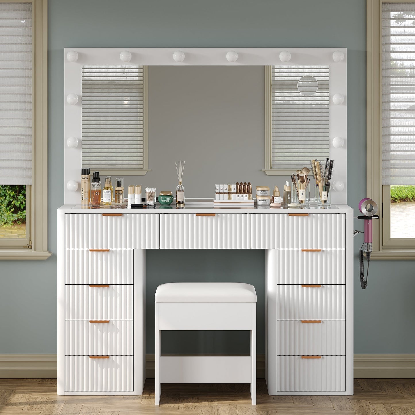 Yanosaku VD003 Bedroom Makeup Vanity desk with LED Mirror, 11 Drawers