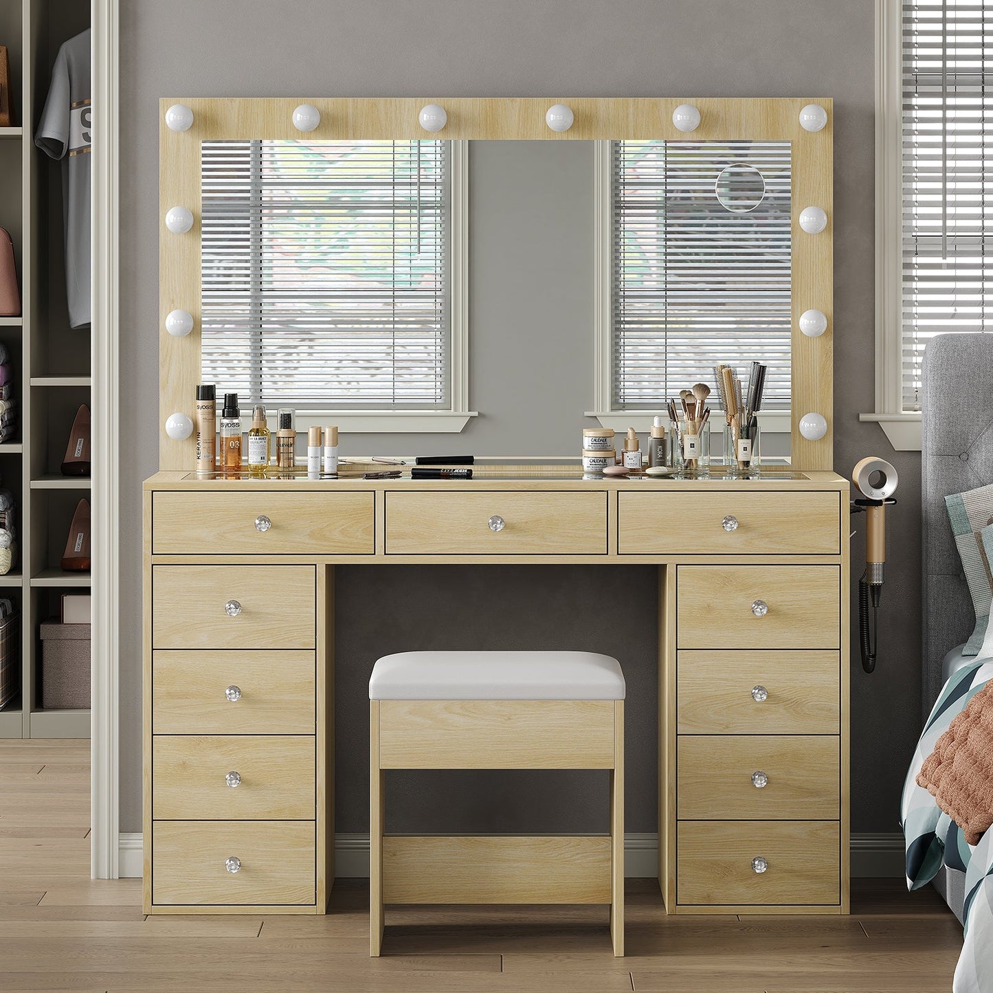 Yanosaku VD003 Bedroom Makeup Vanity desk with LED Mirror, 11 Drawers