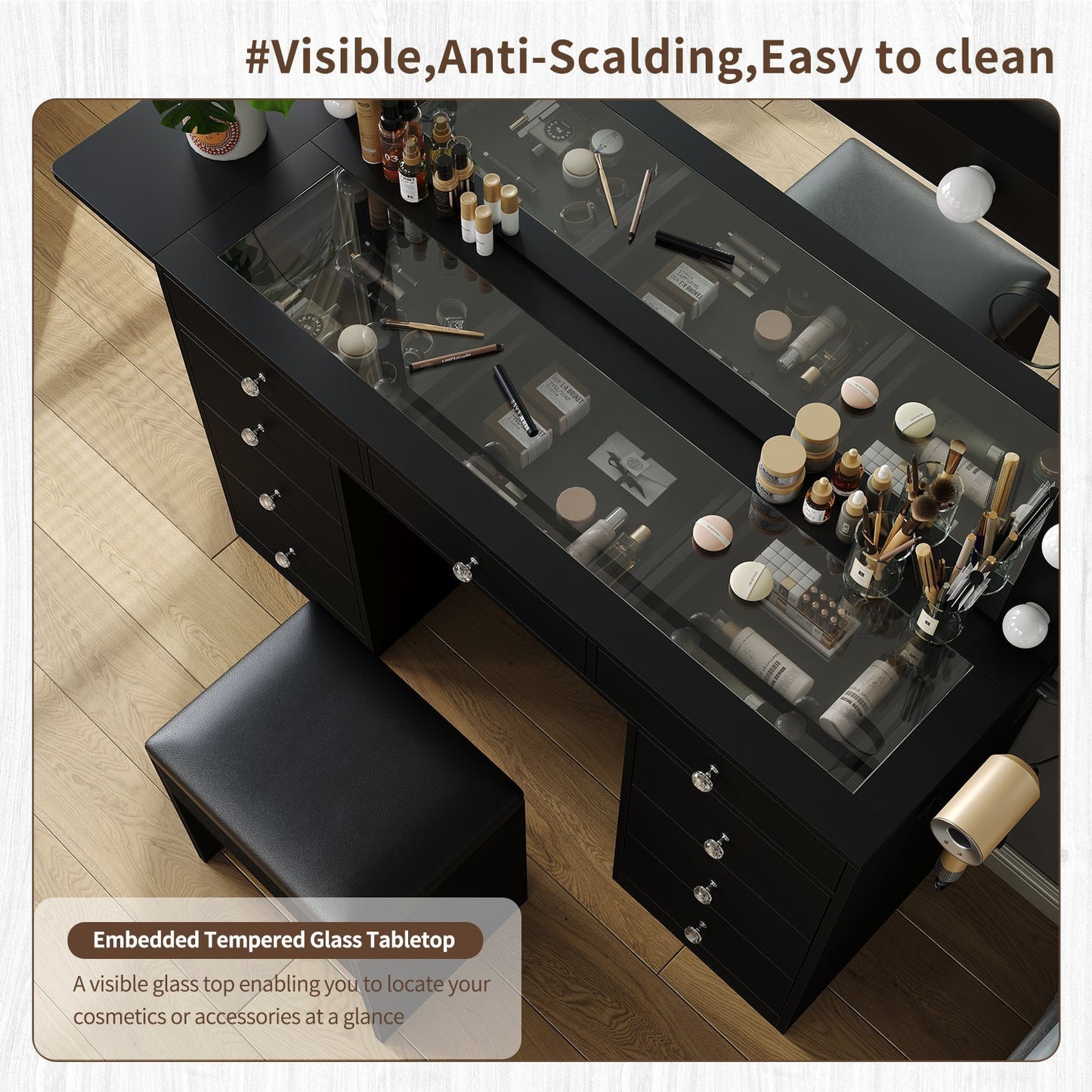 Yanosaku VD007 Bedroom Makeup Vanity desk with LED Mirror, 9 Drawers