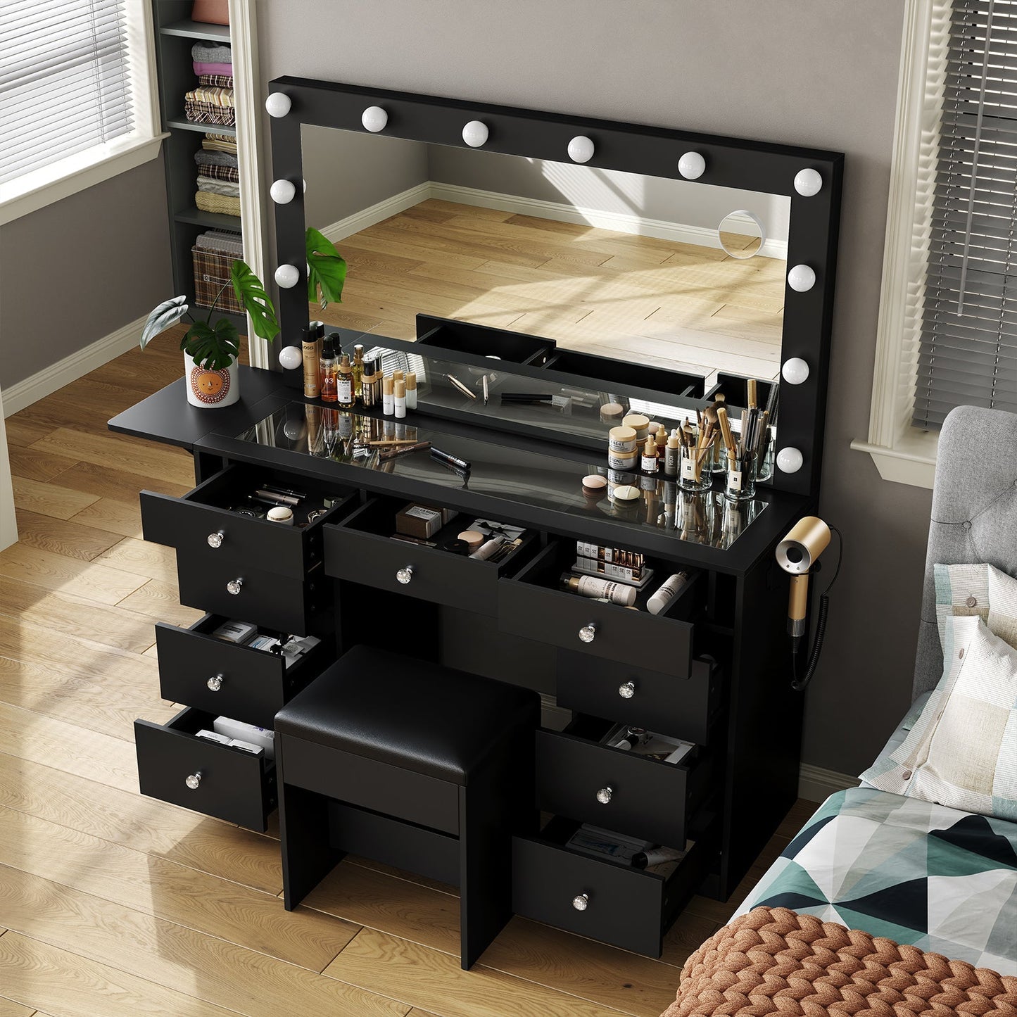 Yanosaku VD007 Bedroom Makeup Vanity desk with LED Mirror, 9 Drawers