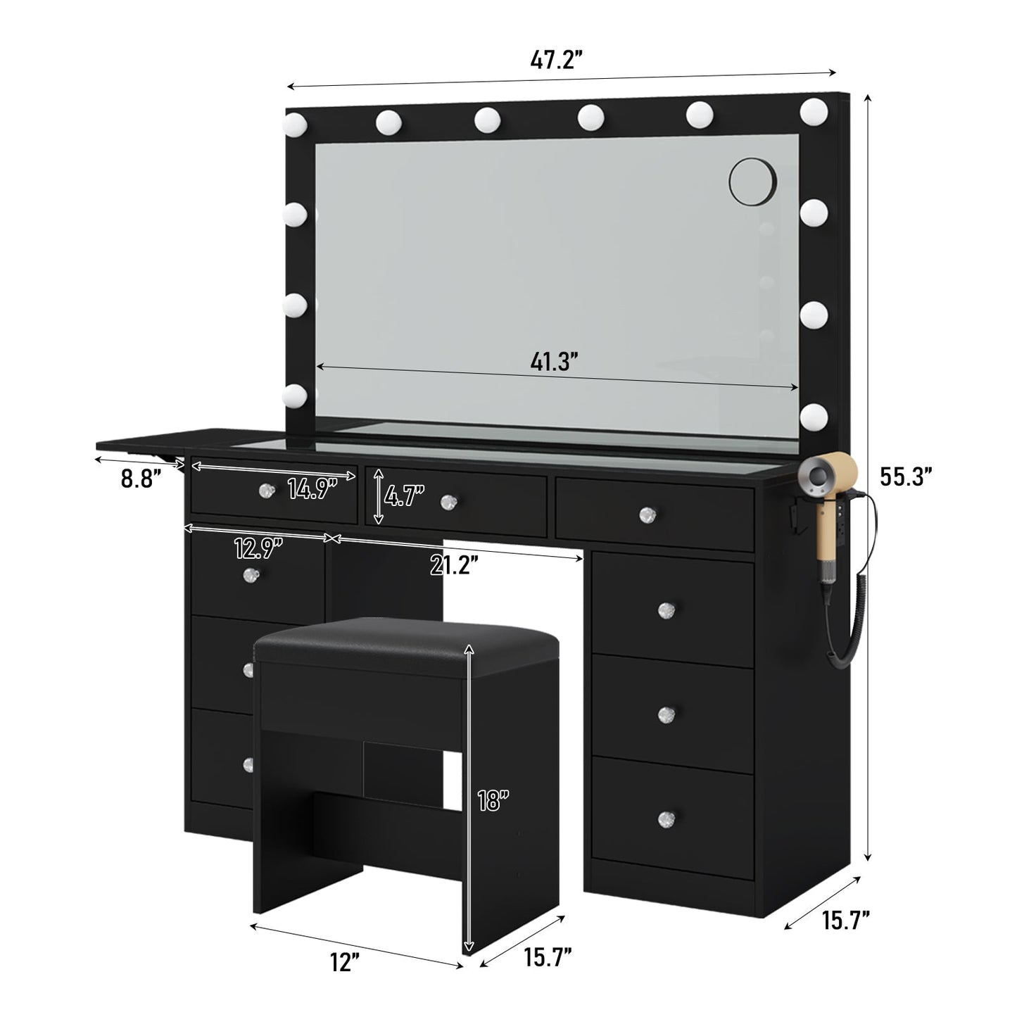 Yanosaku VD007 Bedroom Makeup Vanity desk with LED Mirror, 9 Drawers
