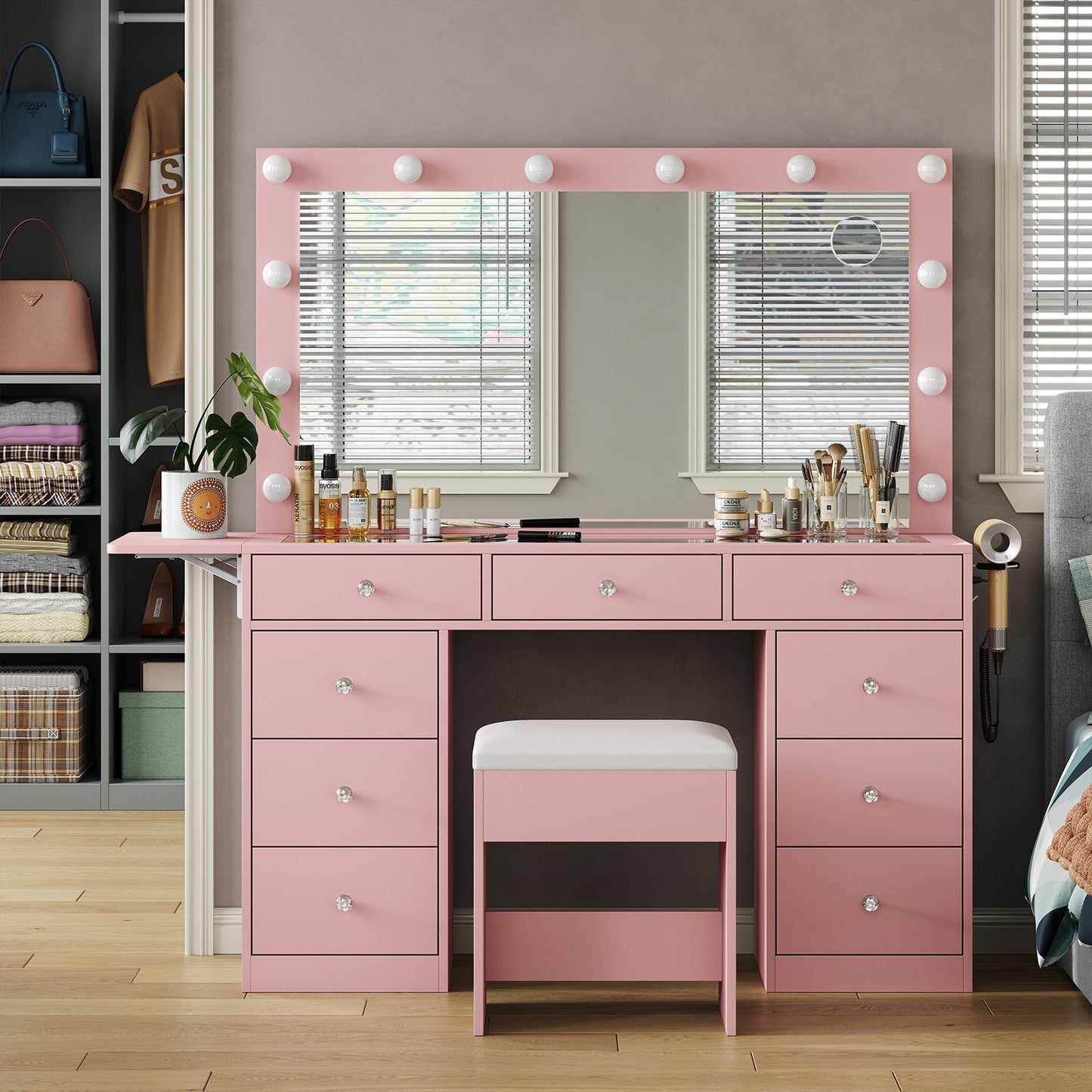 Yanosaku VD007 Bedroom Makeup Vanity desk with LED Mirror, 9 Drawers