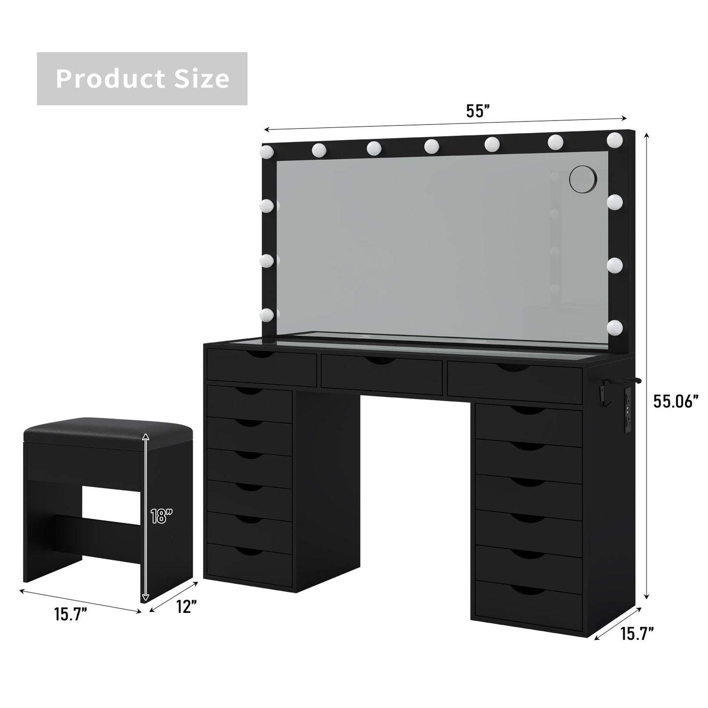 Yanosaku VD008 Bedroom Makeup Vanity desk with LED Mirro, 15 Drawers