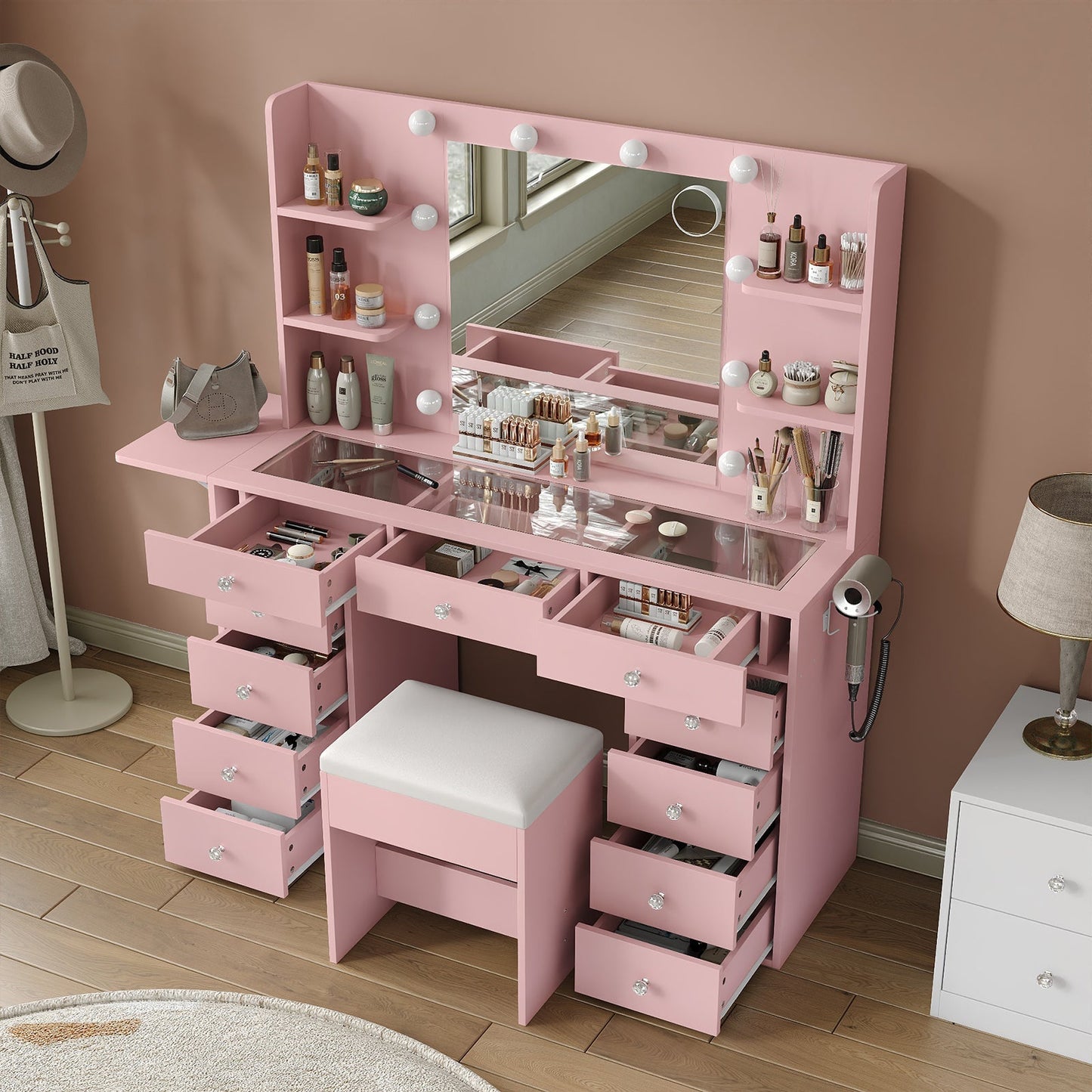 Yanosaku VD010 Bedroom Makeup Vanity desk with LED MirrorLED Mirror, 9 Drawers