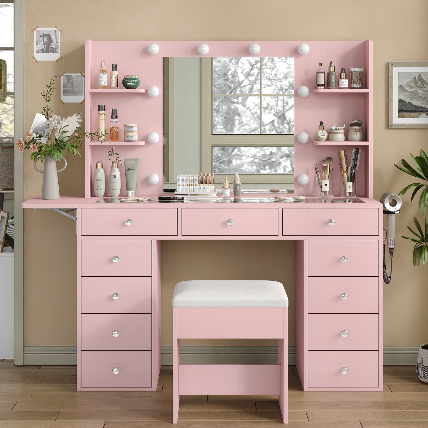 Yanosaku VD010 Bedroom Makeup Vanity desk with LED MirrorLED Mirror, 9 Drawers