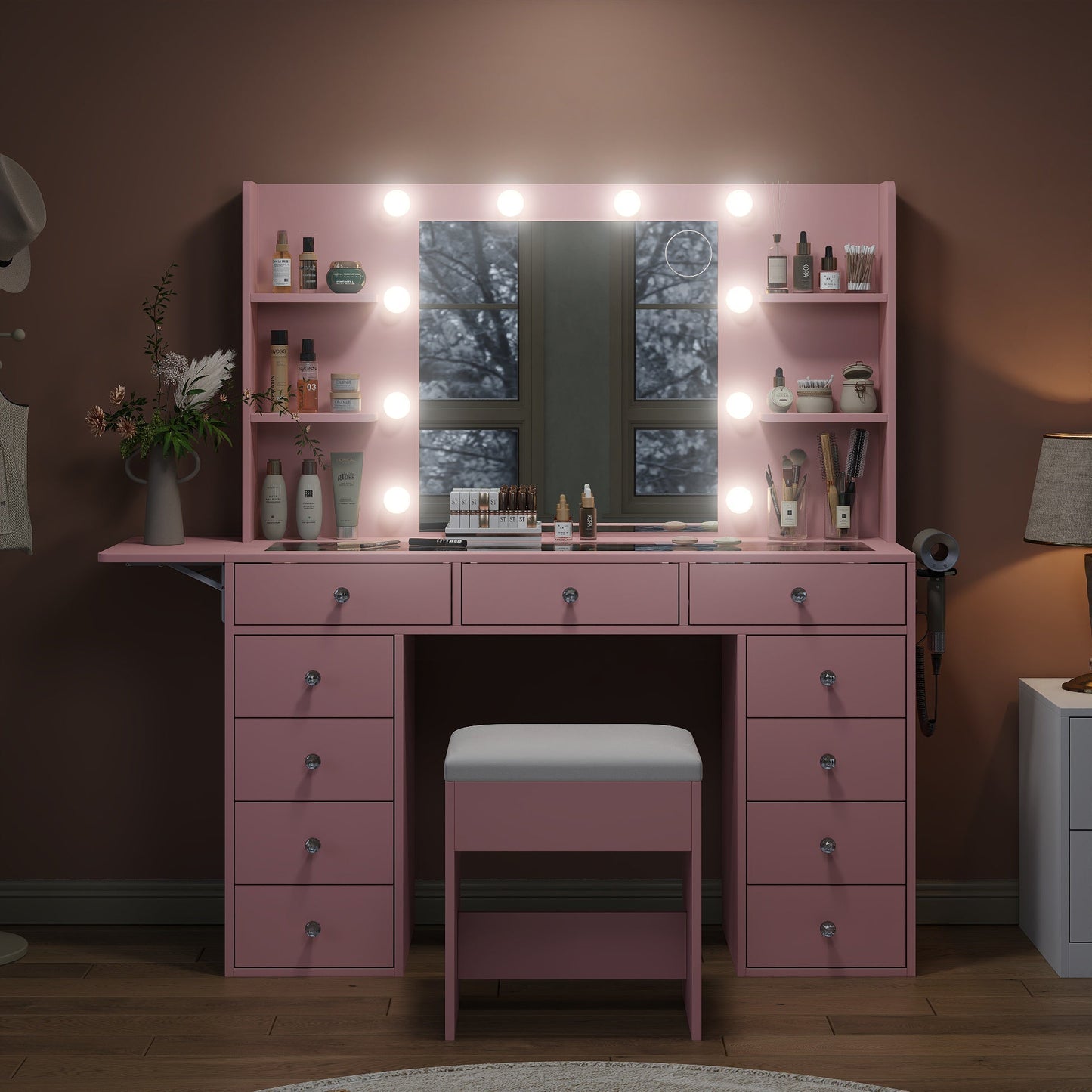 Yanosaku VD010 Bedroom Makeup Vanity desk with LED MirrorLED Mirror, 9 Drawers