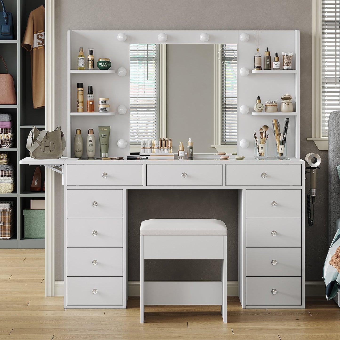 Yanosaku VD010 Bedroom Makeup Vanity desk with LED MirrorLED Mirror, 9 Drawers